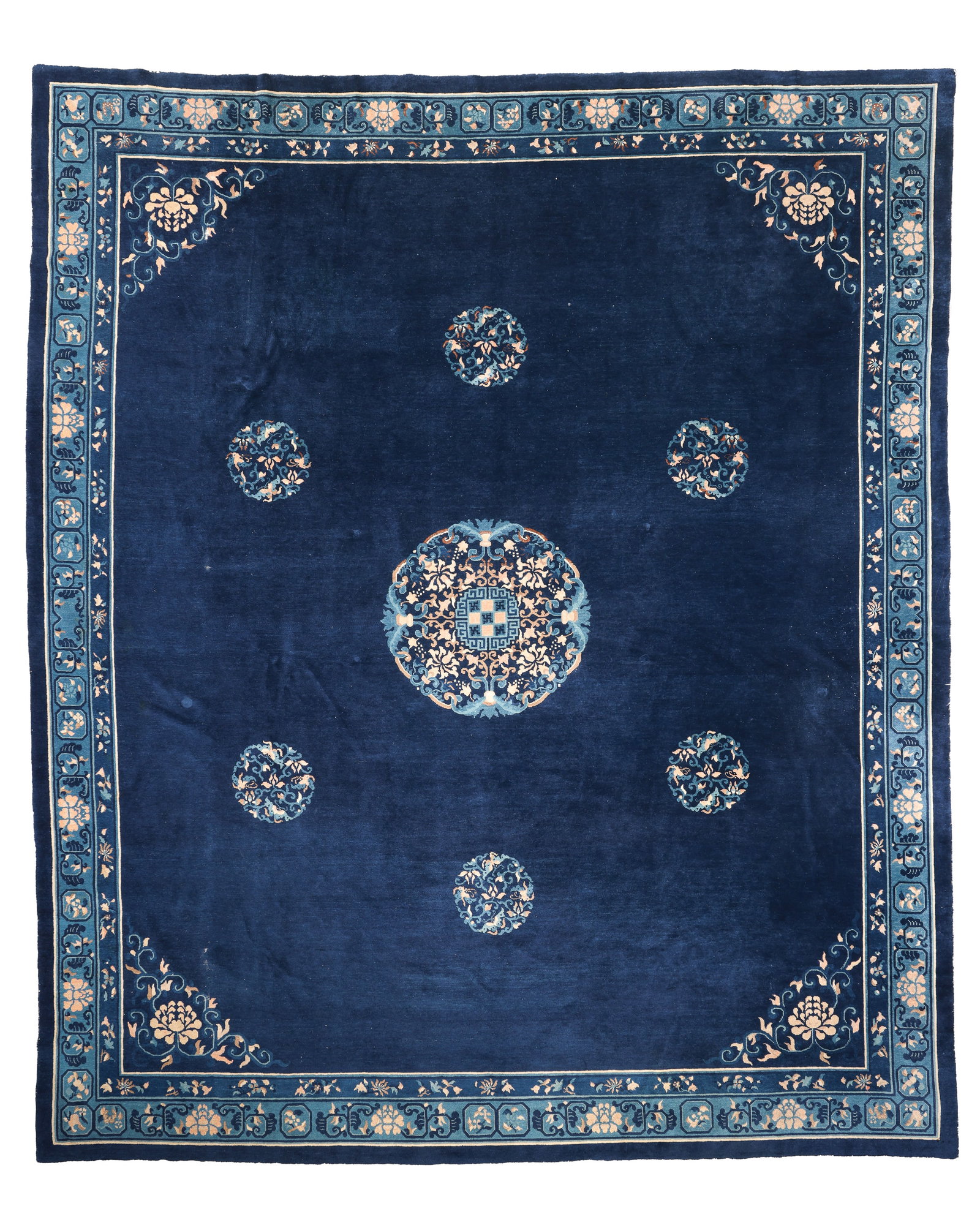 Blue Peking Rug, China, Late 19th C., 9'11'' x 11'9'': Blue Peking Rug, China, Late 19th C., 9'11'' x 11'9'' (302 x 358 cm). Weight: 48 lbs. Material: wool pile, cotton warp, cotton weft. Upstate New York estate.