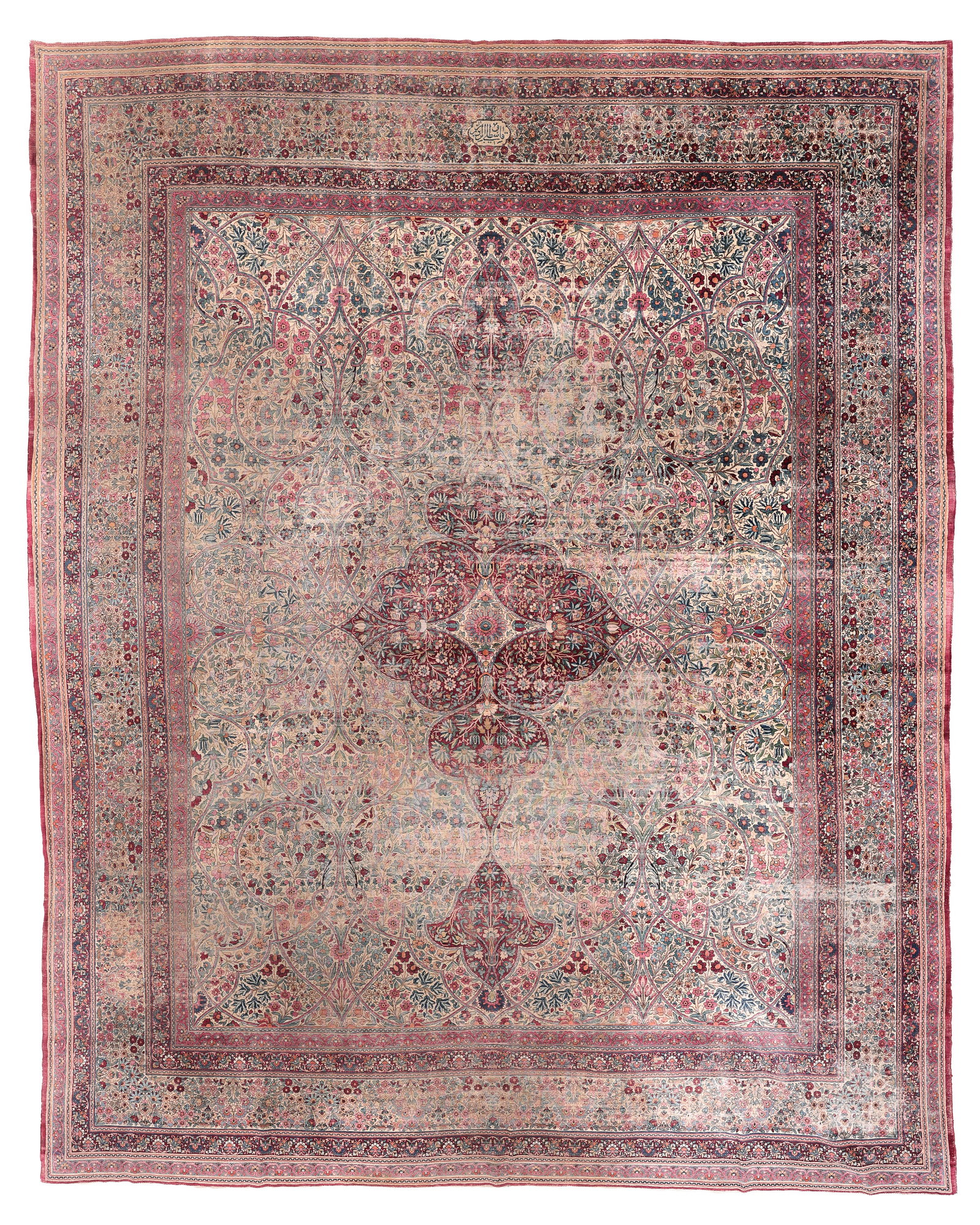 Signed (Castelli) Shabby Chic Mansion-Size Kerman Rug, Persia, Ca. 1900, 14'0'' x 17'7'': Signed (Castelli) Shabby Chic Mansion-Size Kerman Rug, Persia, Ca. 1900, 14'0'' x 17'7'' (427 x 536 cm). Weight: 78 lbs. Material: wool pile, cotton warp, cotton weft.