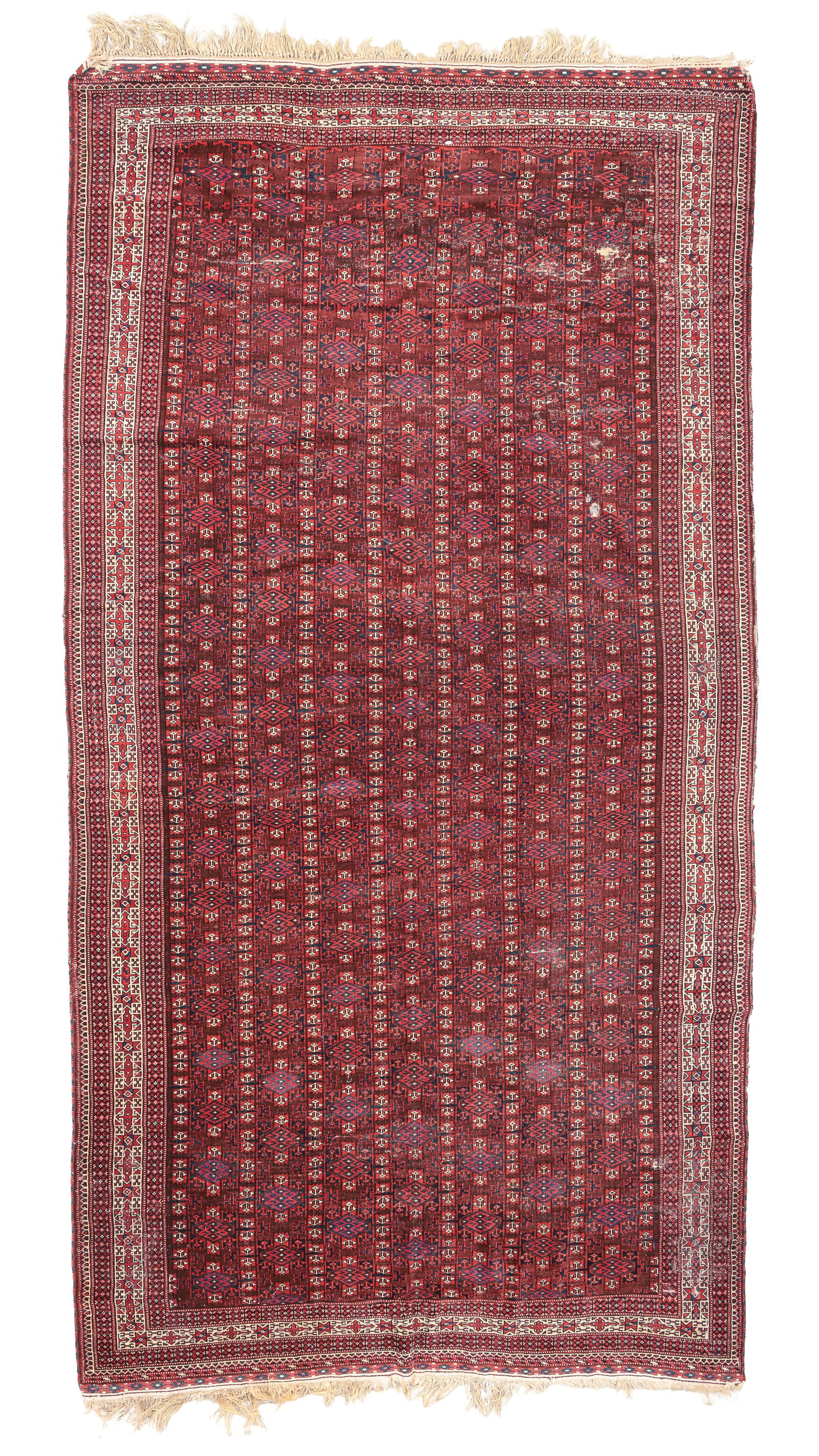 Large Yomud Main Rug, Central Asia, Ca. 1900, 7'6'' x 14'7': Large Yomud Main Rug, Central Asia, Ca. 1900, 7'6'' x 14'7'' (229 x 445 cm). Weight: 42 lbs. Material: wool pile, wool warp, wool weft.