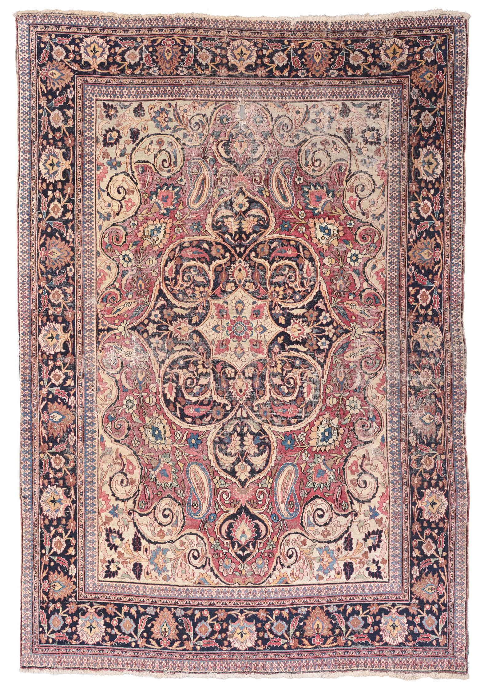 Shabby Chic Doroksh Rug, Persia, Ca. 1900, 9'6'' x 13'11'': Shabby Chic Doroksh Rug, Persia, Ca. 1900, 9'6'' x 13'11'' (290 x 424 cm). Weight: 46 lbs. Material: wool pile, cotton warp, cotton weft. Shows wear, hole. Recently cleaned.