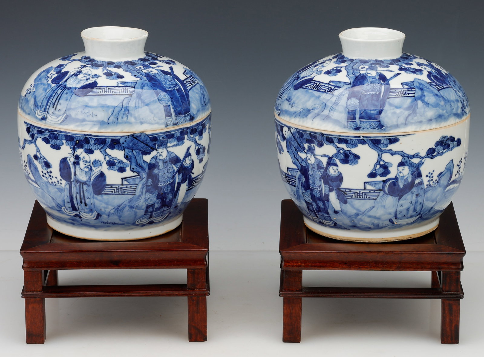 Rare 2 Chinese Blue and White Porcelain Lidded Jars Featuring Figures and Landscape Scenes, Qing (1 of 4)