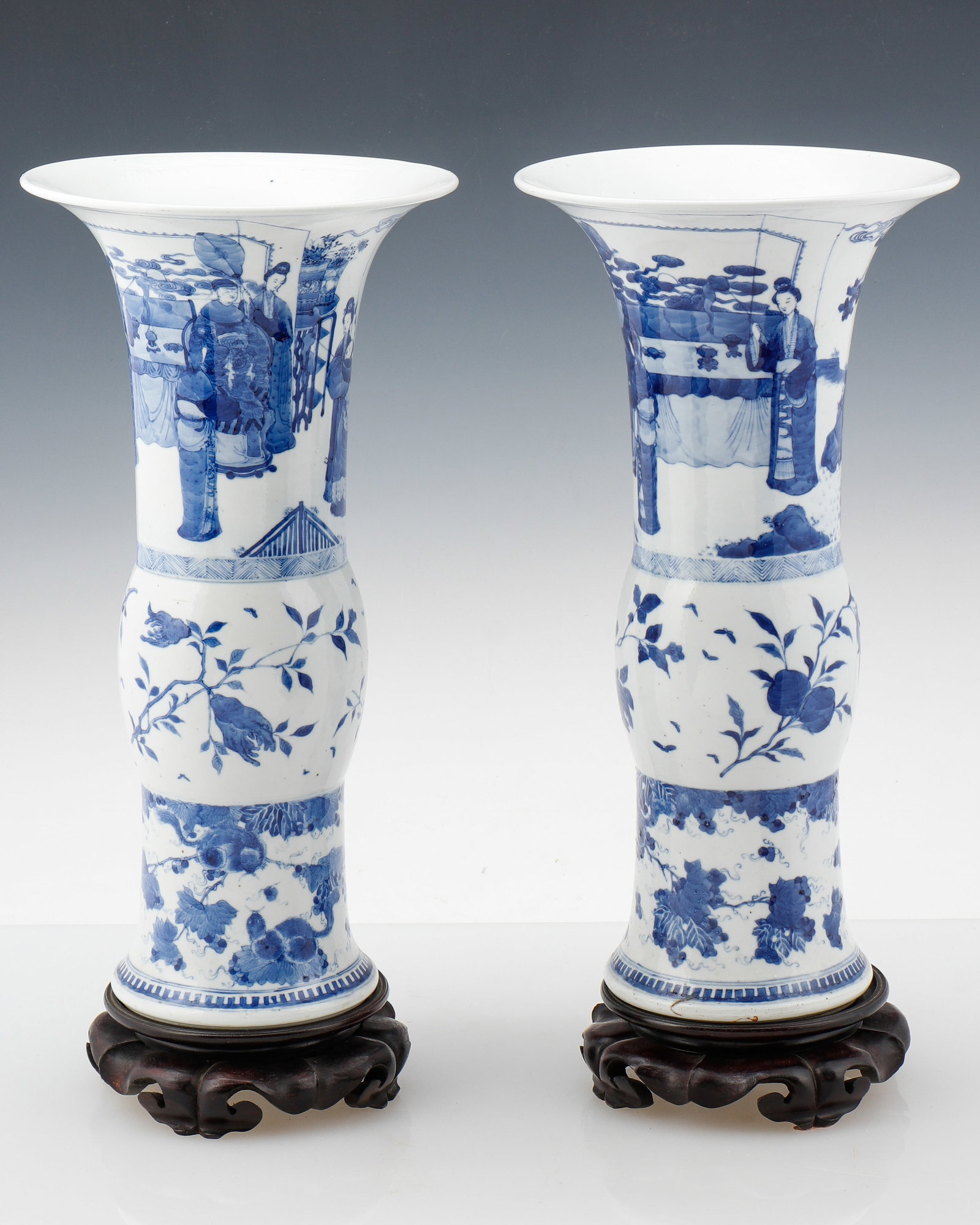 Rare Pair Chinese Kangxi (1662–1722)Blue & White Porcelain Vases, Qing Dynasty: Rara Pair Chinese Kangxi (1662–1722) Blue & White Porcelain Vases, Qing Dynasty. On bases. Provenance: Ex. Estate Collection Isadore and Nancy Marder, Philadelphia;purchased 1967 from Frides Lameris