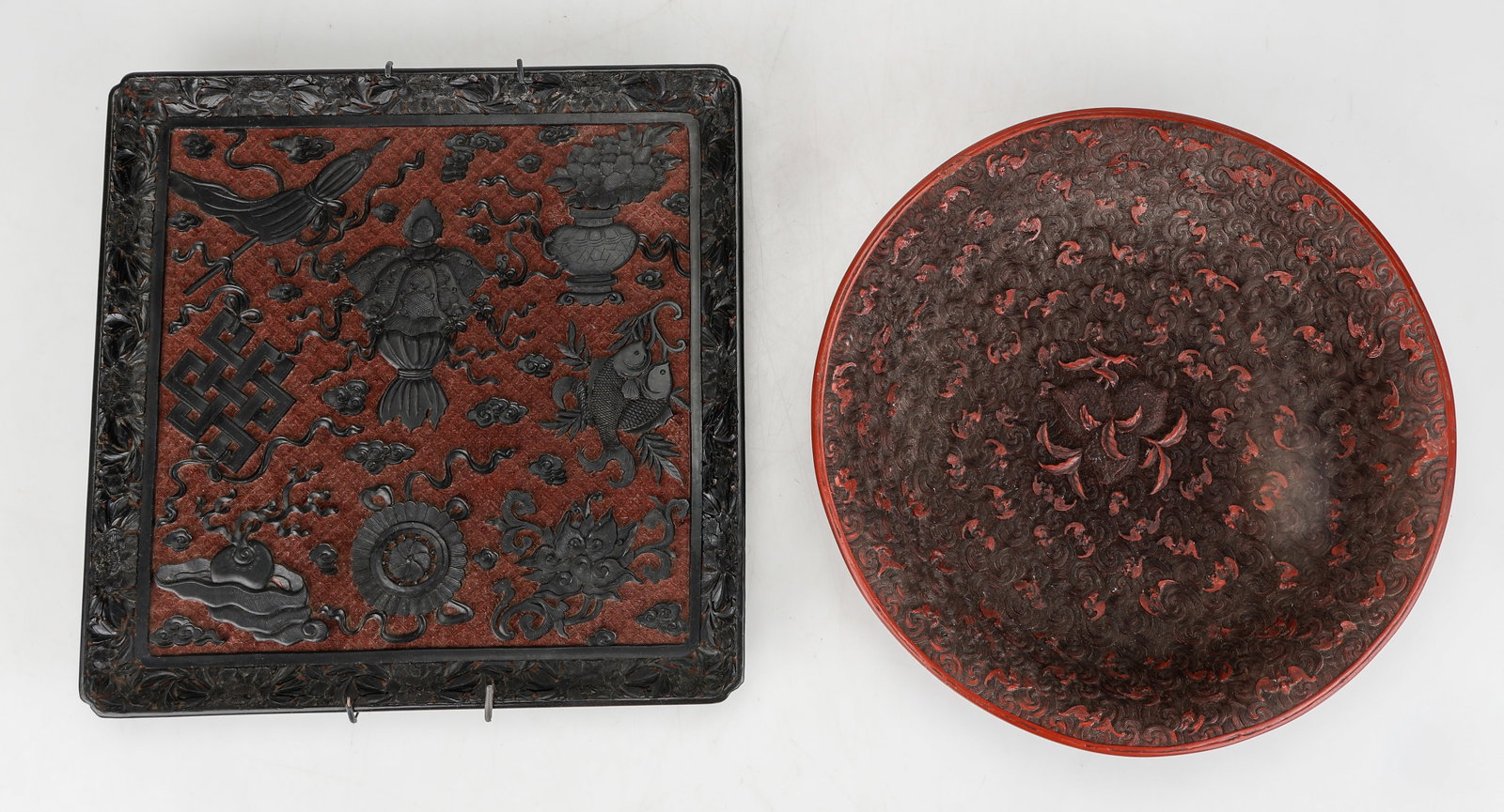 Chinese Export Carved Cinnabar-Style Lacquer Tray And Bowl, C. 1920-1940: Chinese Export Carved Cinnabar-Style Lacquer Tray And Bowl, C. 1920-1940. Sizes: 1) 1'' x 13.5'' x 13'' (3 x 34 x 33 cm); 2) 2.5'' x 13'' x 13'' (6 x 33 x 33 cm).