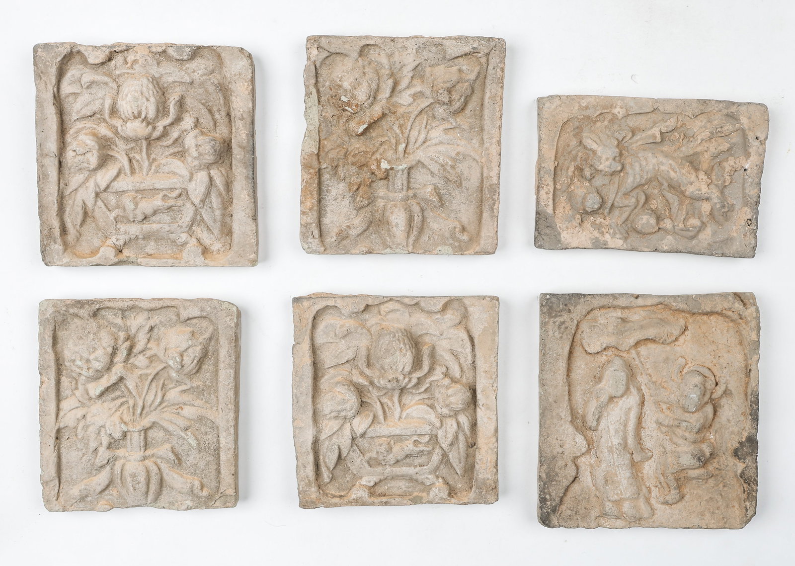 Rare 6 Chinese Terracotta Architectural Reliefs, Possibly Tang-Song Dynasty: Rare 4 Chinese Terracotta Architectural Reliefs, Possibly Tang-Song Dynasty. Not TL tested. Sizes From: 7'' x 10'' (18 x 25 cm); To: 10'' x 10'' (25 x 25 cm).