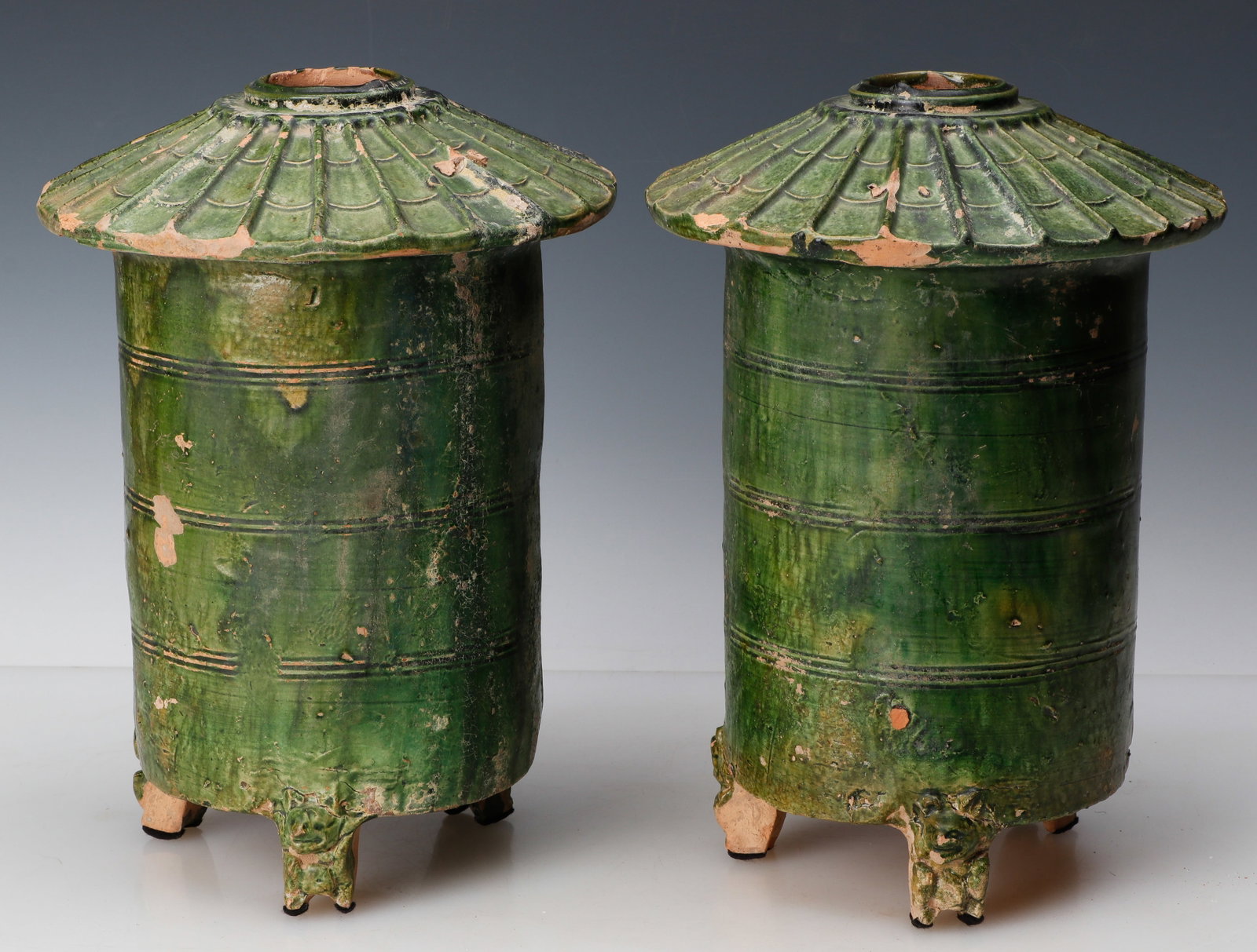 2 Chinese Green-Glazed Tripod Granary Models, Han Dynasty, C. 200 BCE-220 CE, (1 of 6)