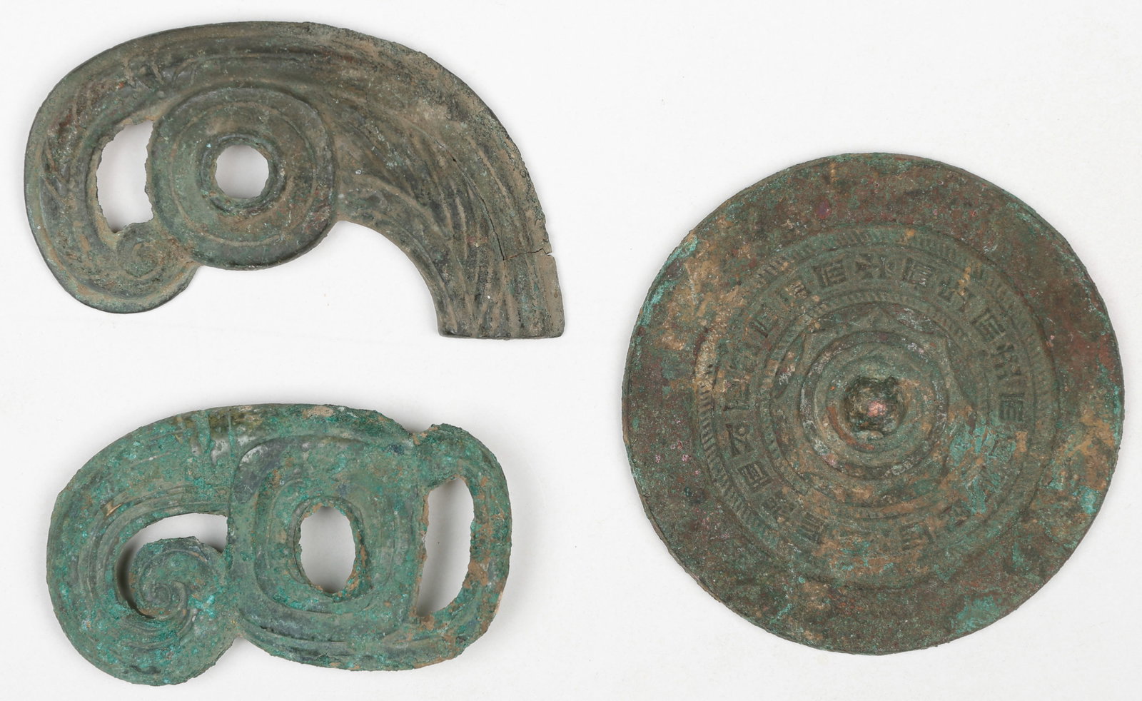 Group of 2 Chinese Bronze Fittings And A Bronze Mirror, Han Dynasty (1 of 3)