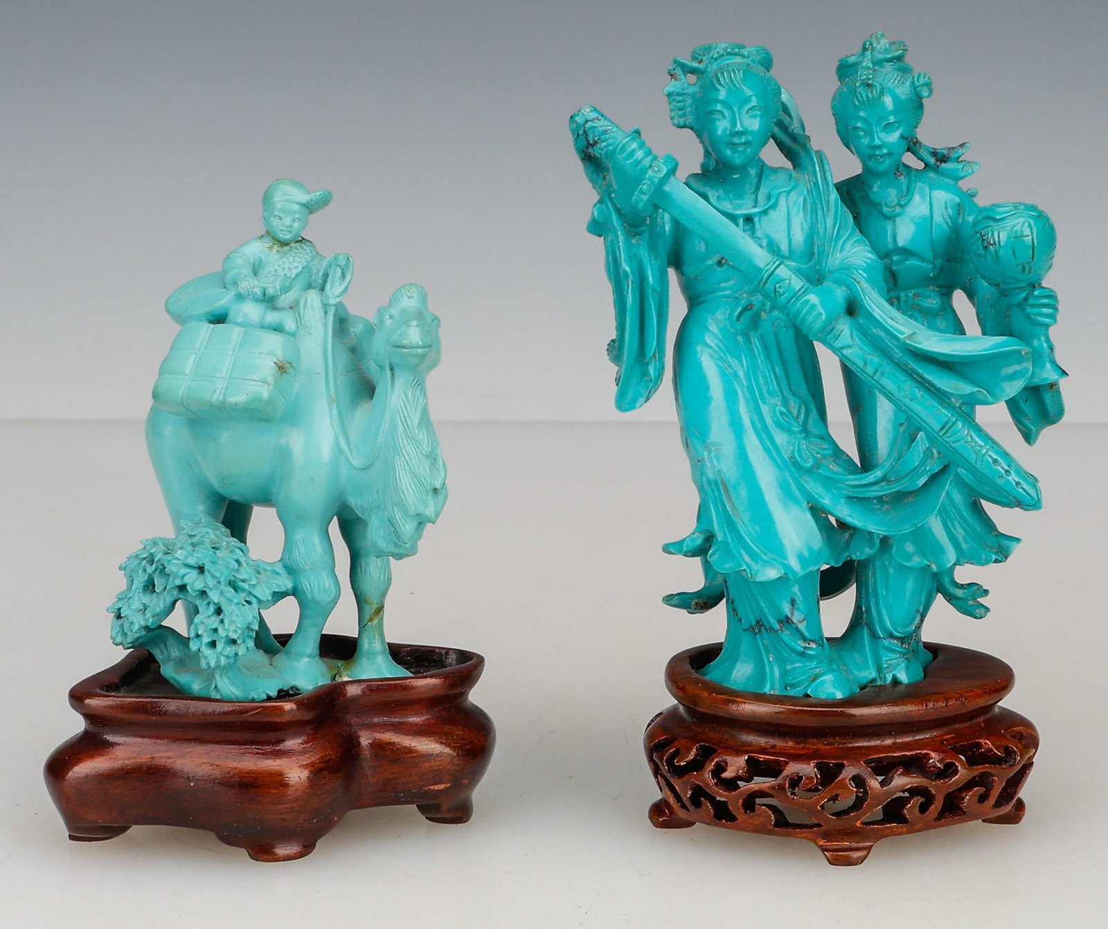 2 Antique Chinese Turquoise Carvings on wooden stands. (1 of 7)