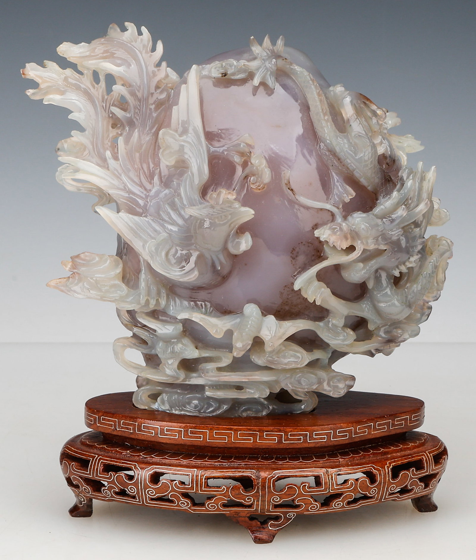 Large Chinese Pink Agate Carved Dragon and Phoenix Scholar Stone (1 of 4)