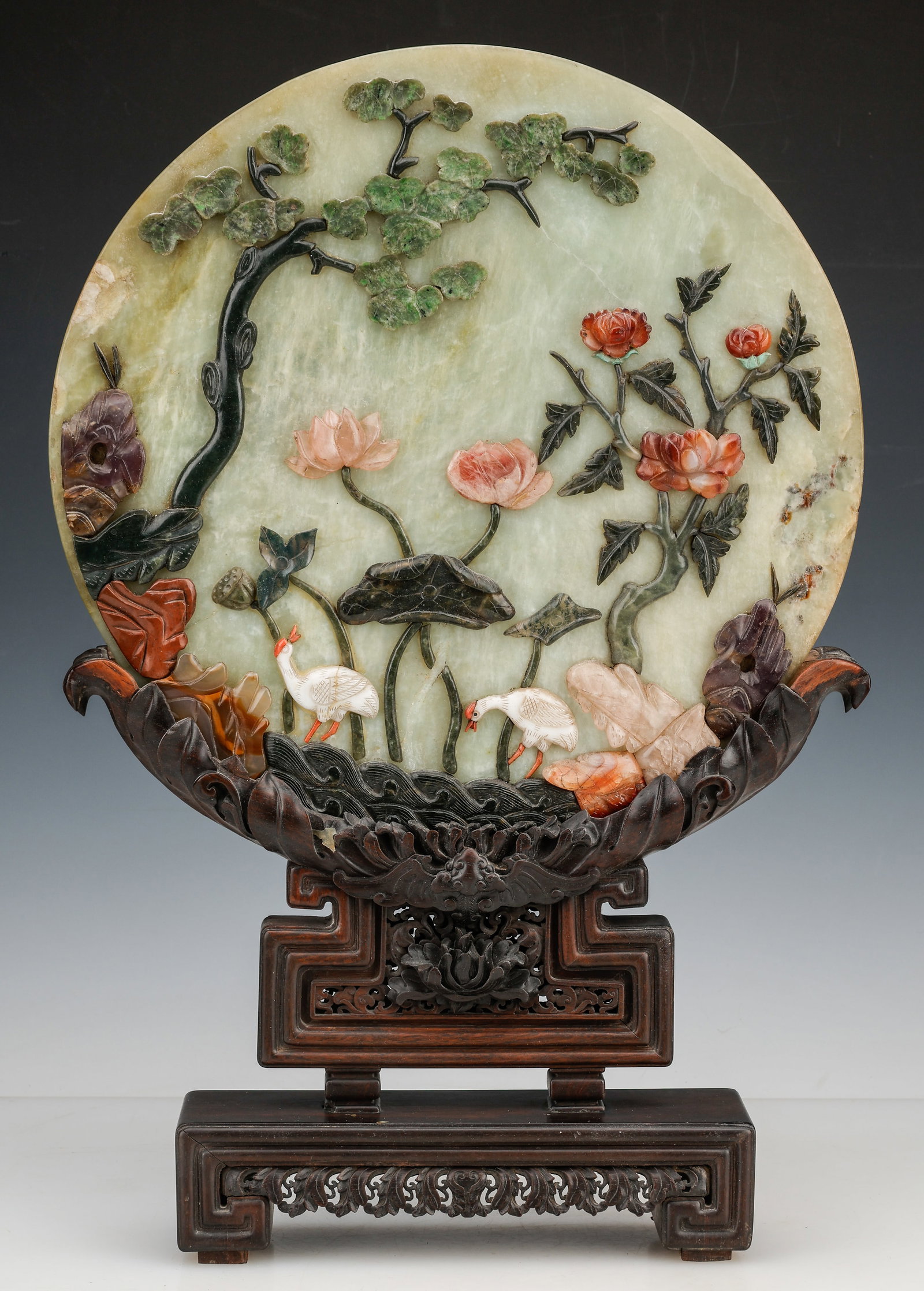 Chinese Jade And Hardstone Circular Table Screen, Diam. 14", 19th Century (1 of 4)