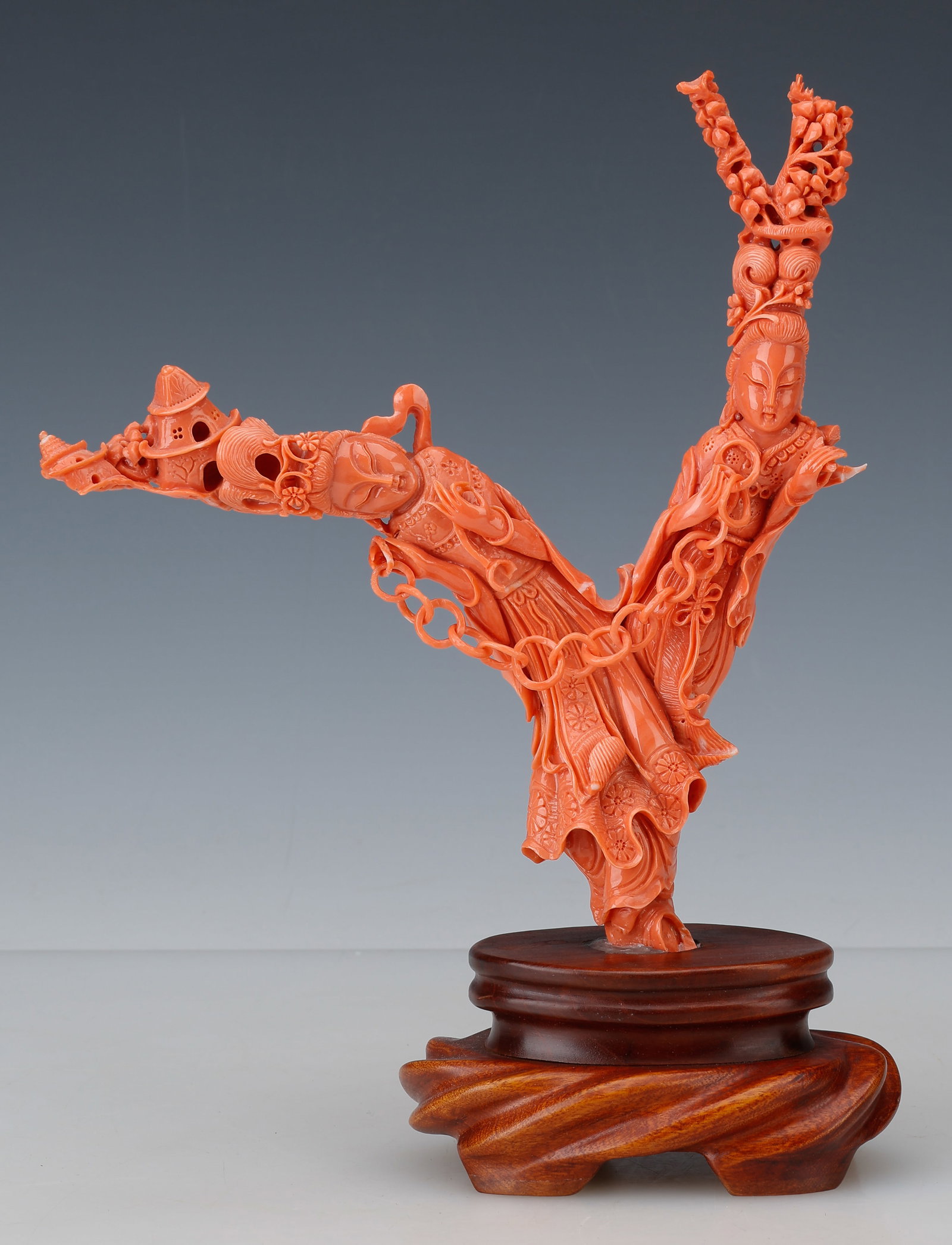 Carved Coral Figural Group Of Two Guanyin, H: 9" (23 cm) (1 of 4)
