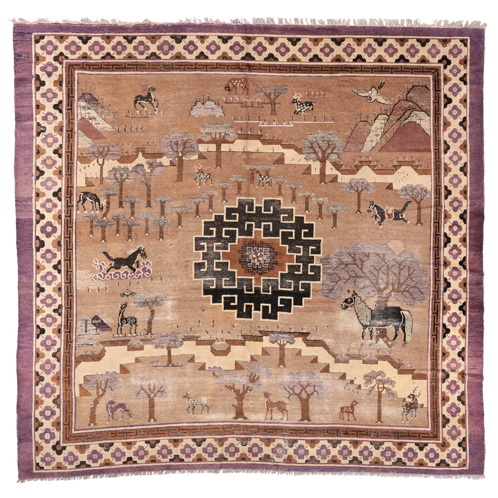Rare Early Mongolian Pictorial Rug, China, 19th C., 8'4'' x 8'0'' (1 of 5)