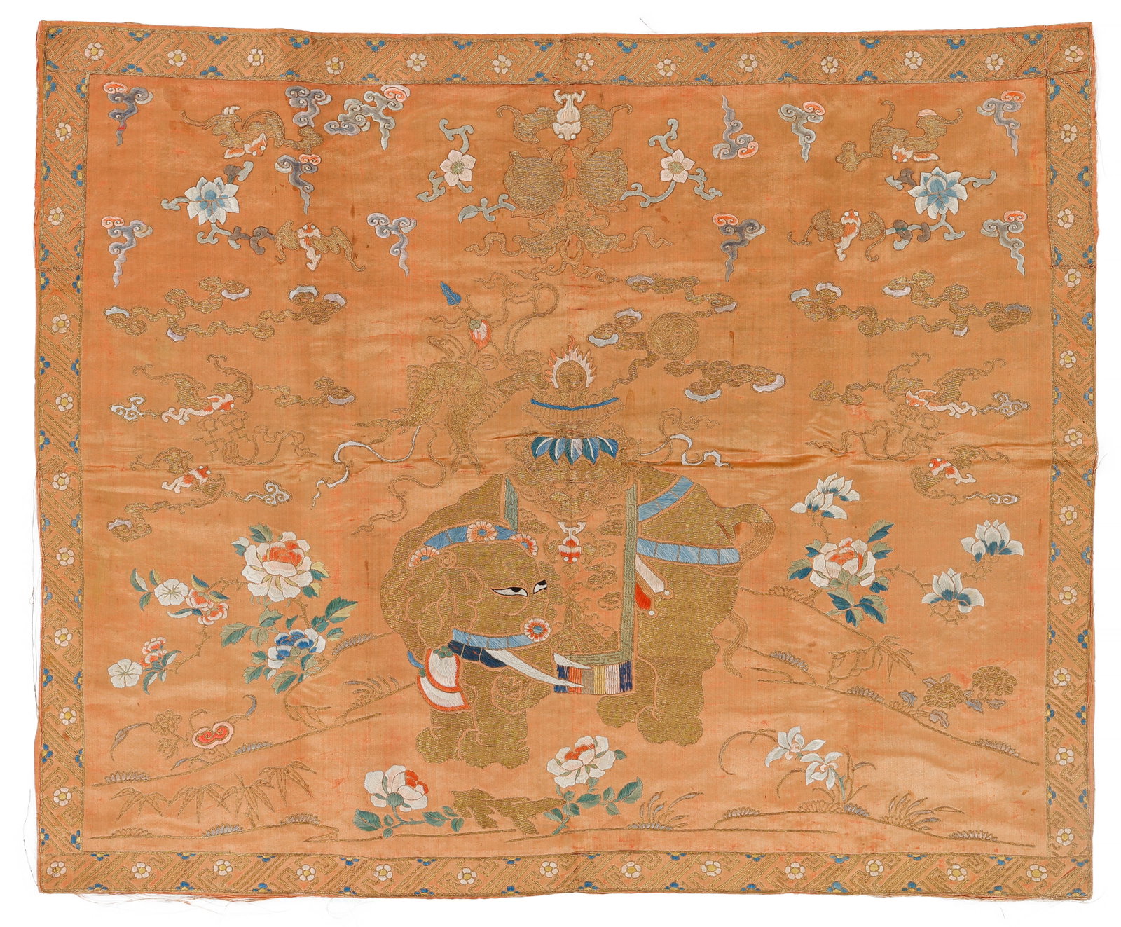 Chinese Silk and Metal Thread Embroidered Altar Panel of Elephant, Qing Dynasty (1 of 3)