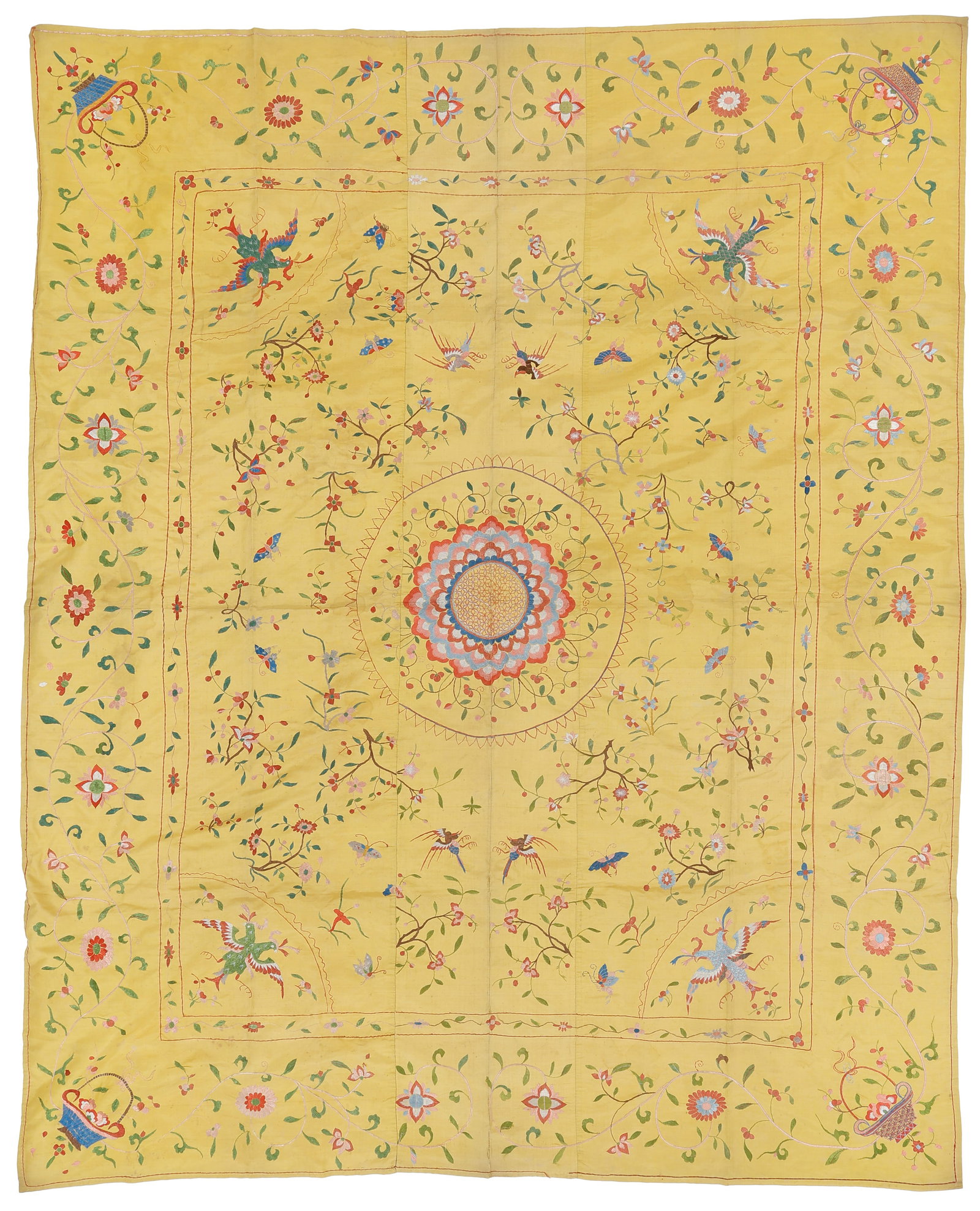 Macau for Portuguese Market Silk Embroidered Bedcover, 18th C. (1 of 4)