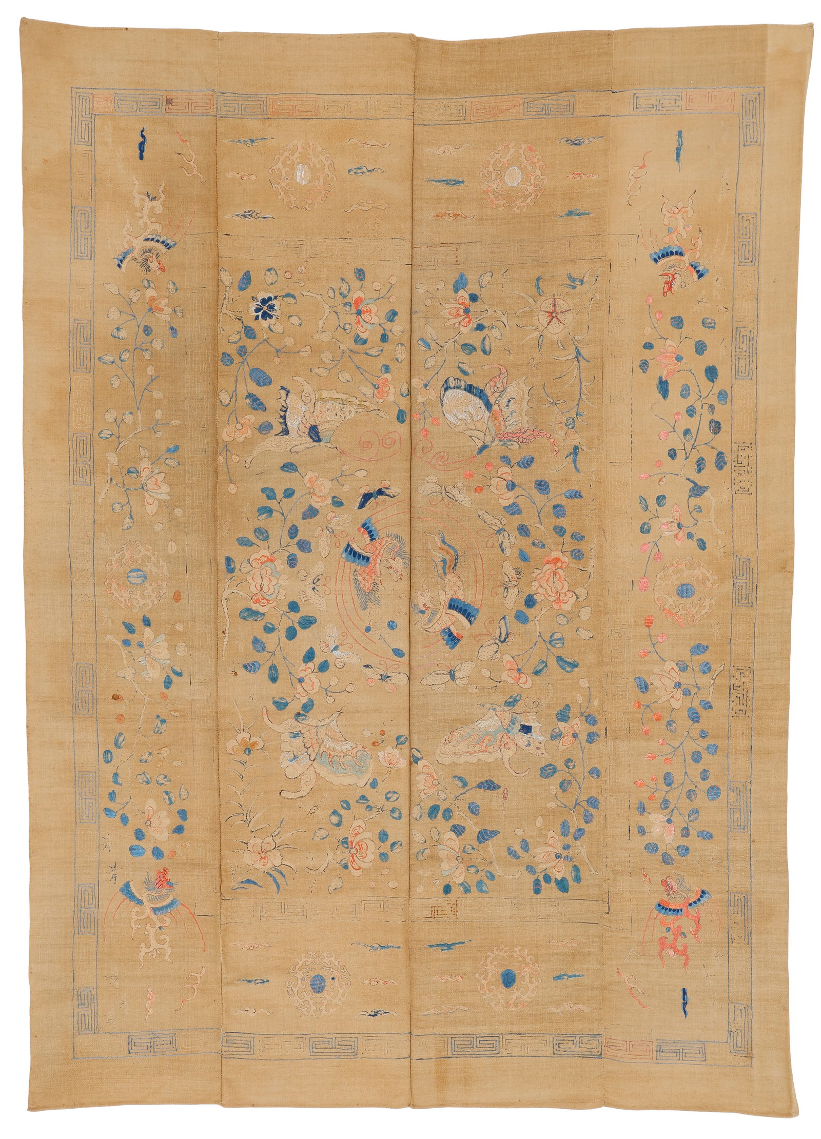 Large Chinese Silk Embroidery on Linen Panel, 19th C. (1 of 4)