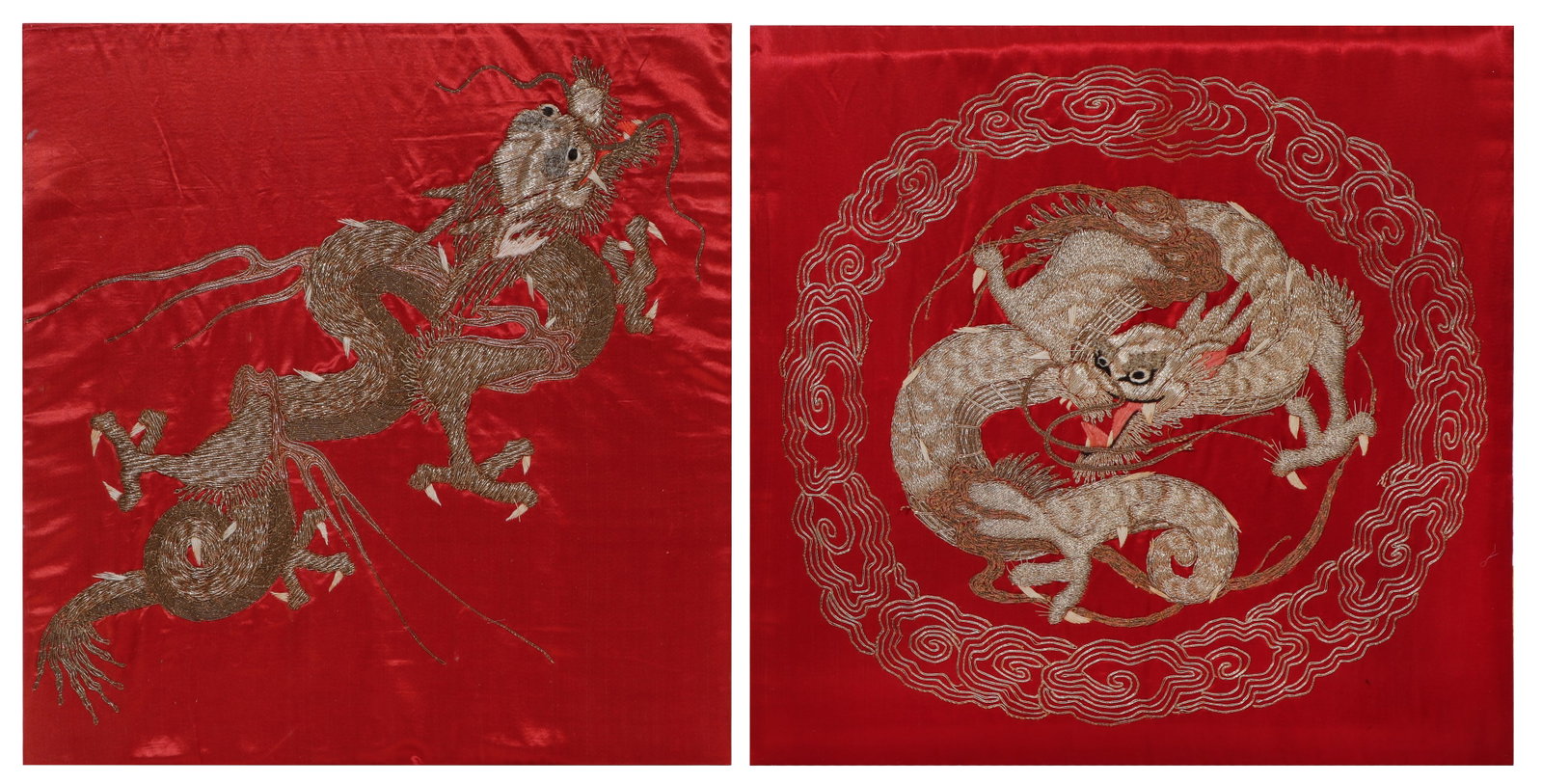 2 Chinese Silk Embroidered Dragon Textile Panels, 19th Century (1 of 4)