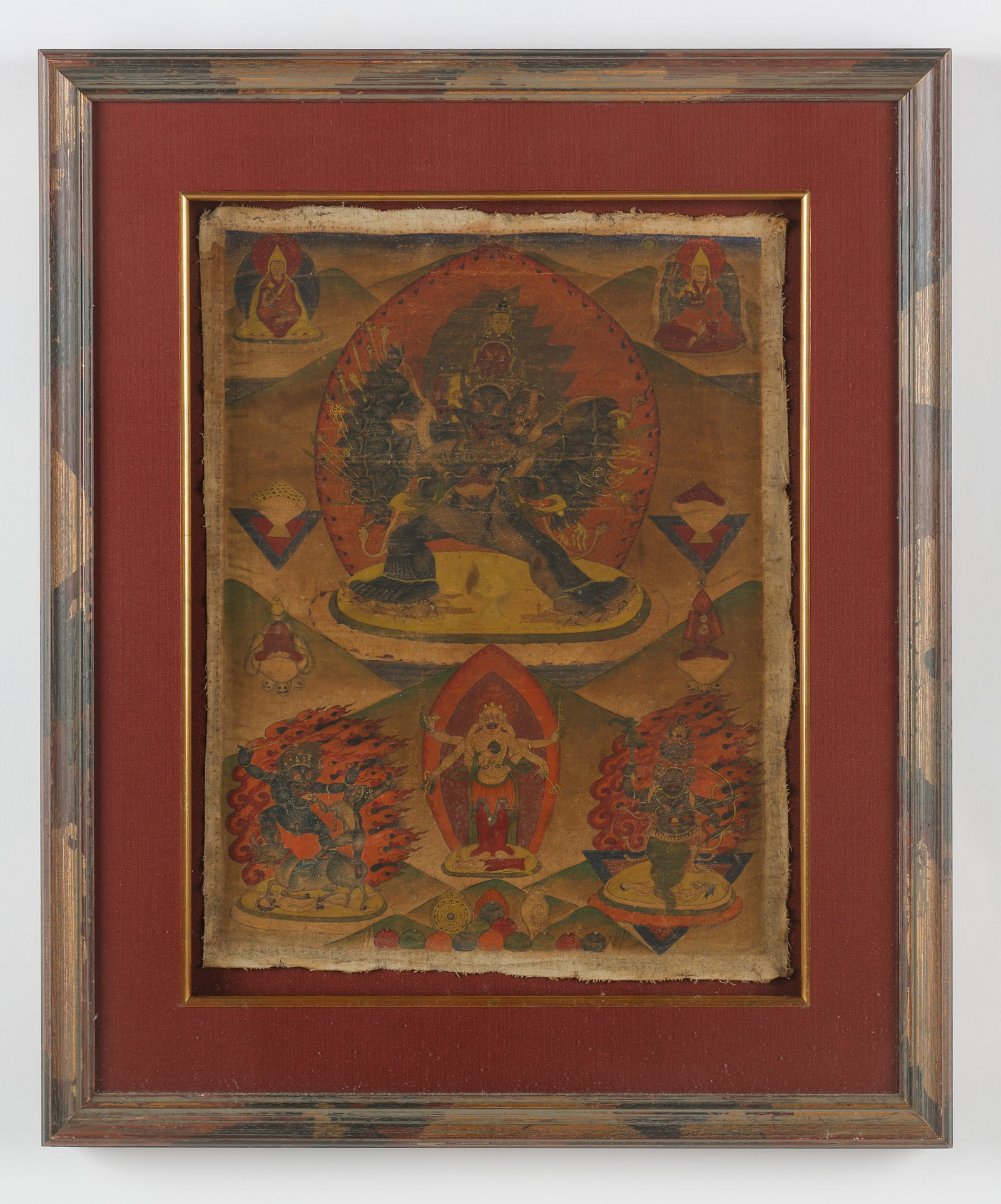 Tibetan Thangka Of Wrathful Tantric Deity Vajrabhairava In Yab-Yum, Late 19th-Early 20th C., 17" x (1 of 2)
