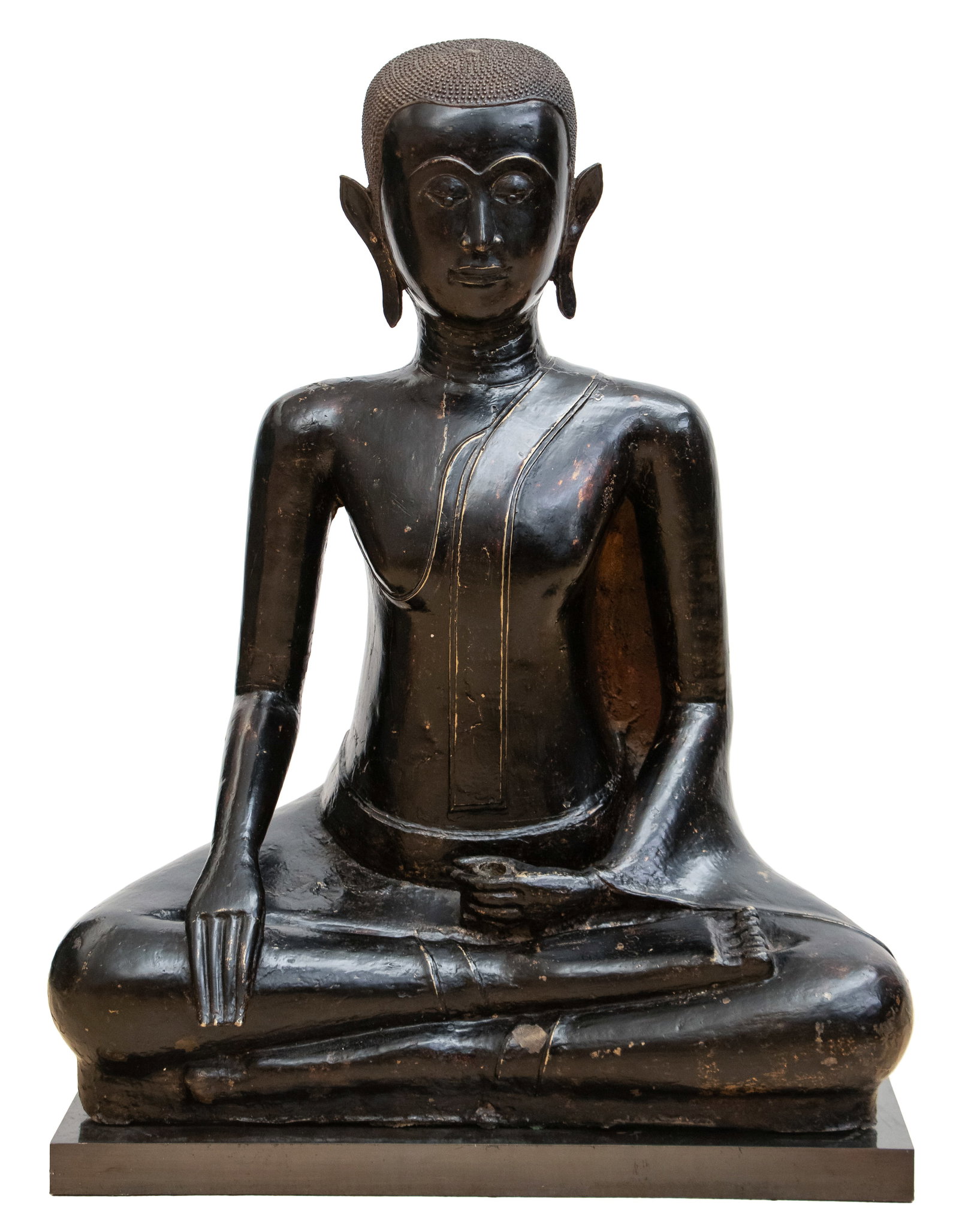 Burmese Mandalay Black And Gold Lacquered Bronze Figure of A Monk: 31": Burmese Mandalay Black And Gold Lacquered Bronze Figure of A Monk. On separate low platform base. The figure seated in bhumisparsha mudra, but the proper left hand is not formed with the standard flat