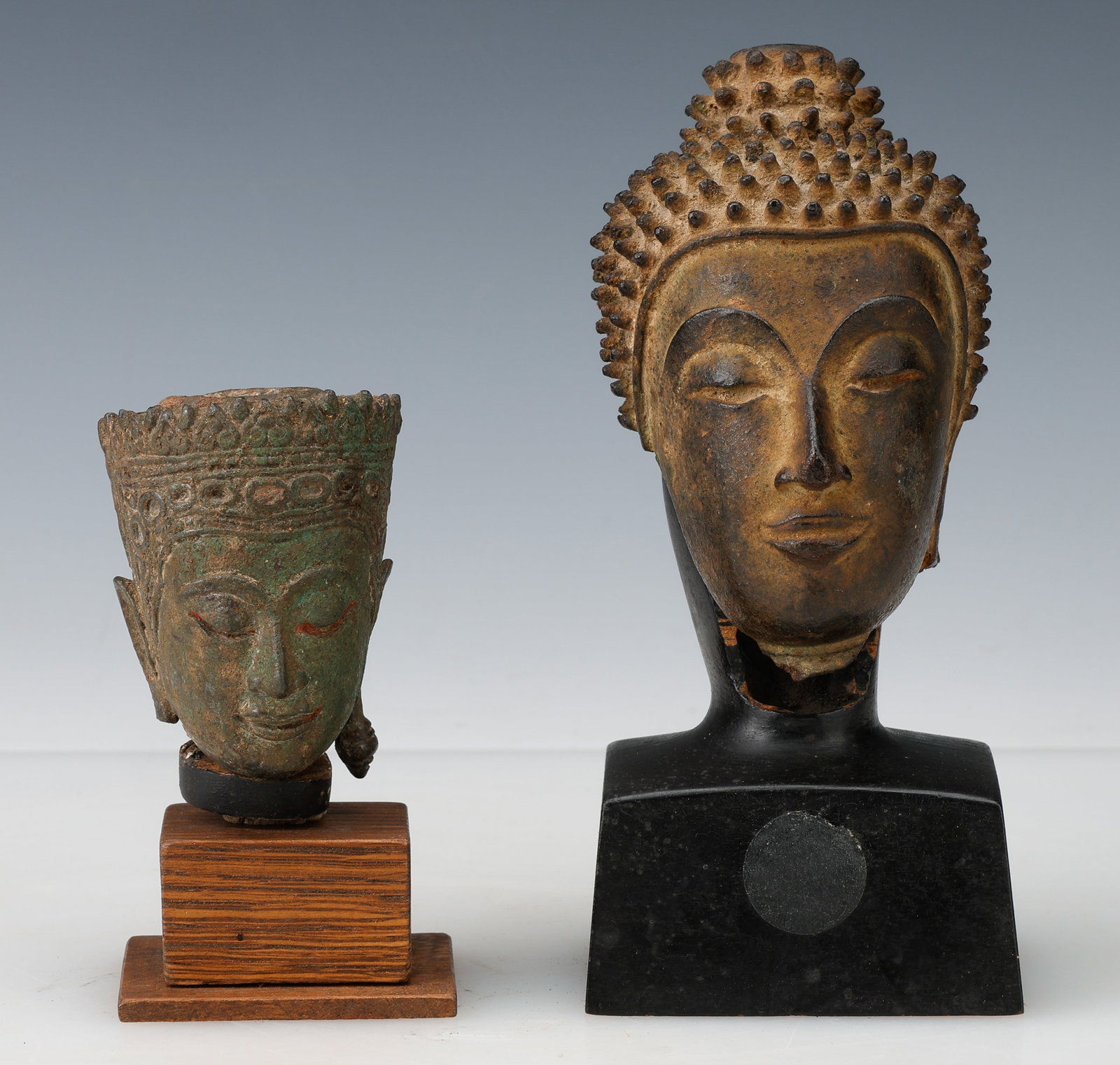 Thai Bronze Head of Crowned Buddha and Bronze Head of Buddha, Thailand, 18th C. Or Earlier (1 of 5)