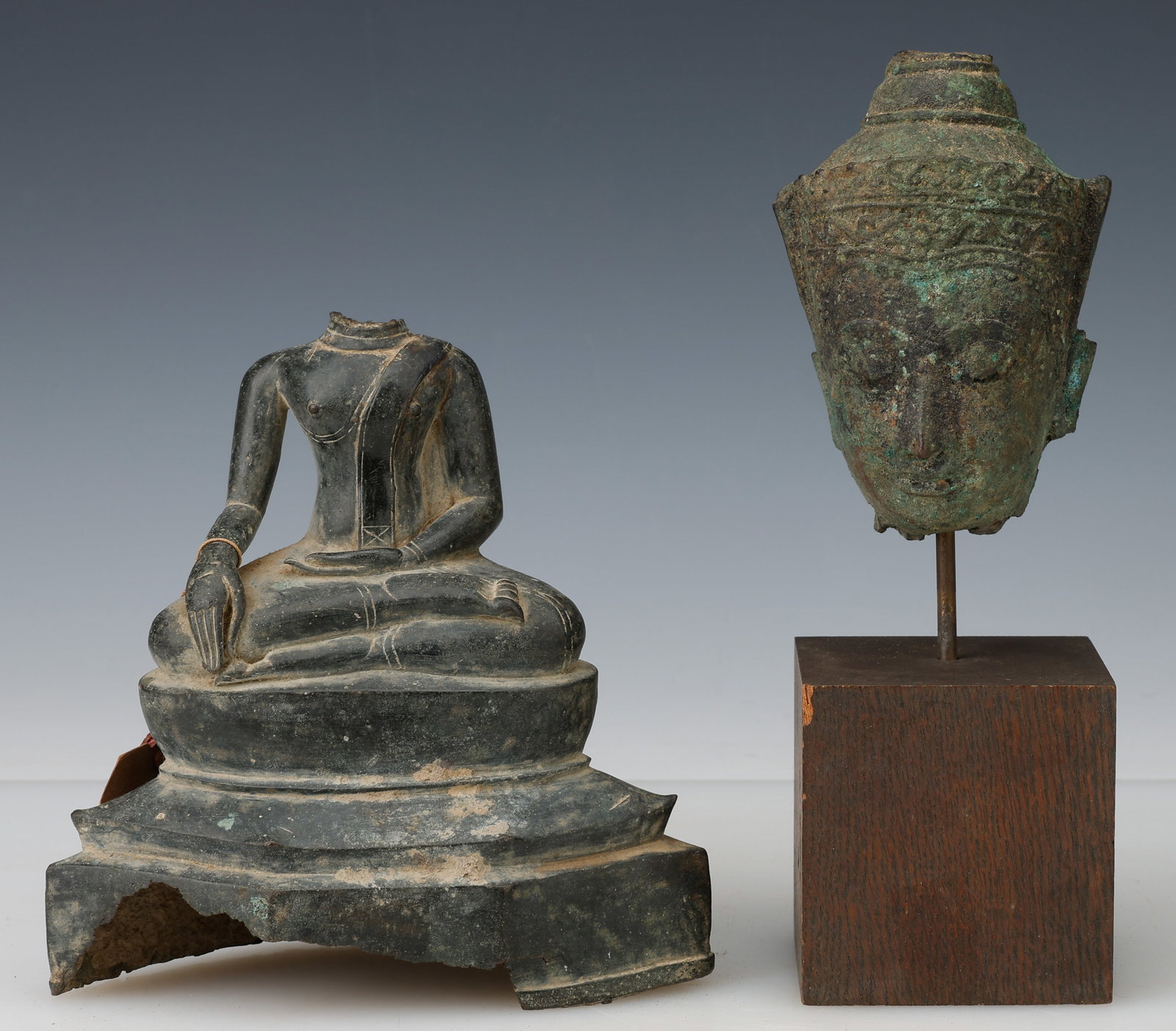 Thai Bronze Head of Crowned Buddha and Headless Siddhartha Buddha, 14th-15th C. (1 of 5)