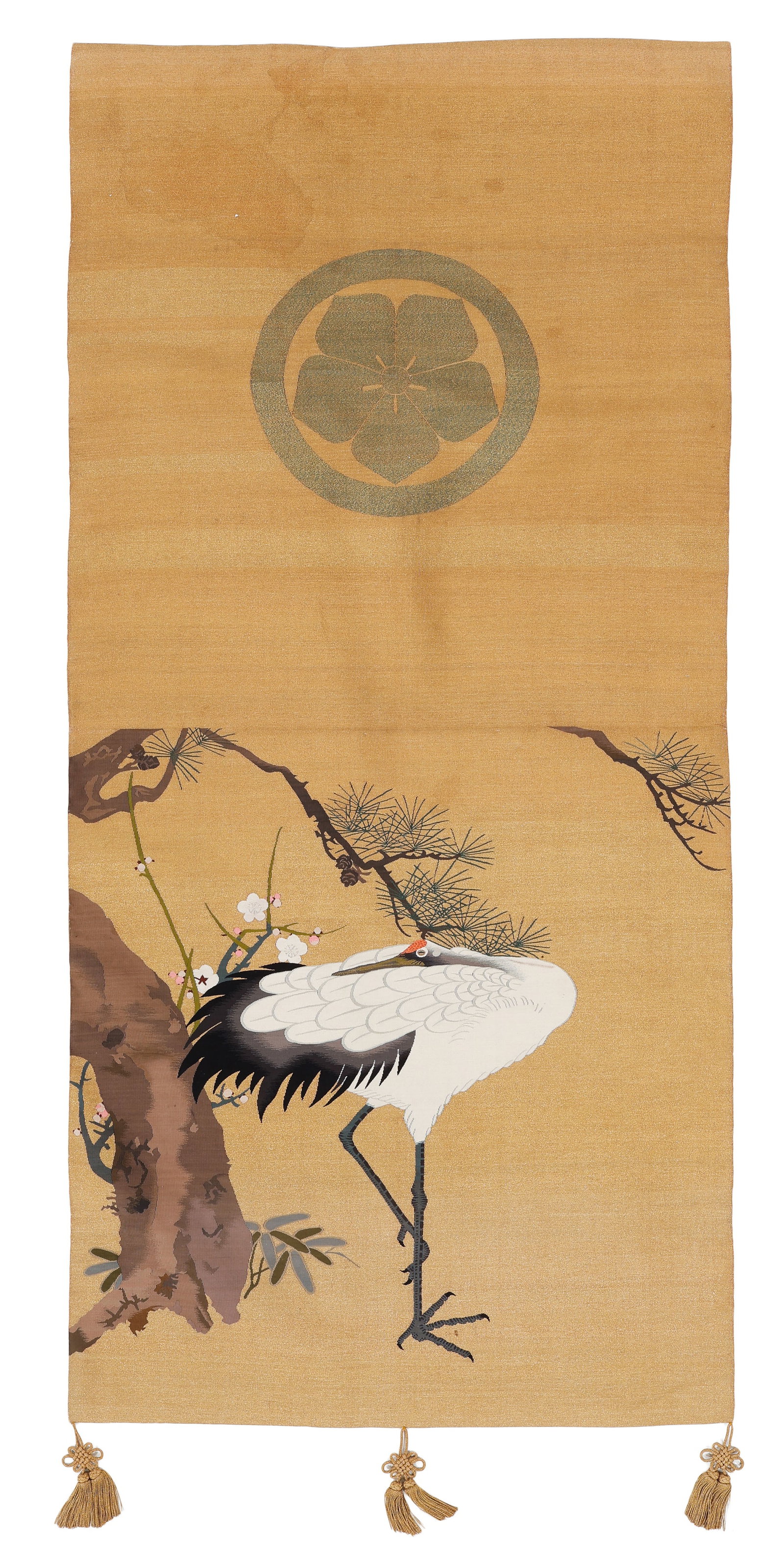 Japanese Silk Kakemono Wall Hanging with Crane and Mon, 19th C. (1 of 3)