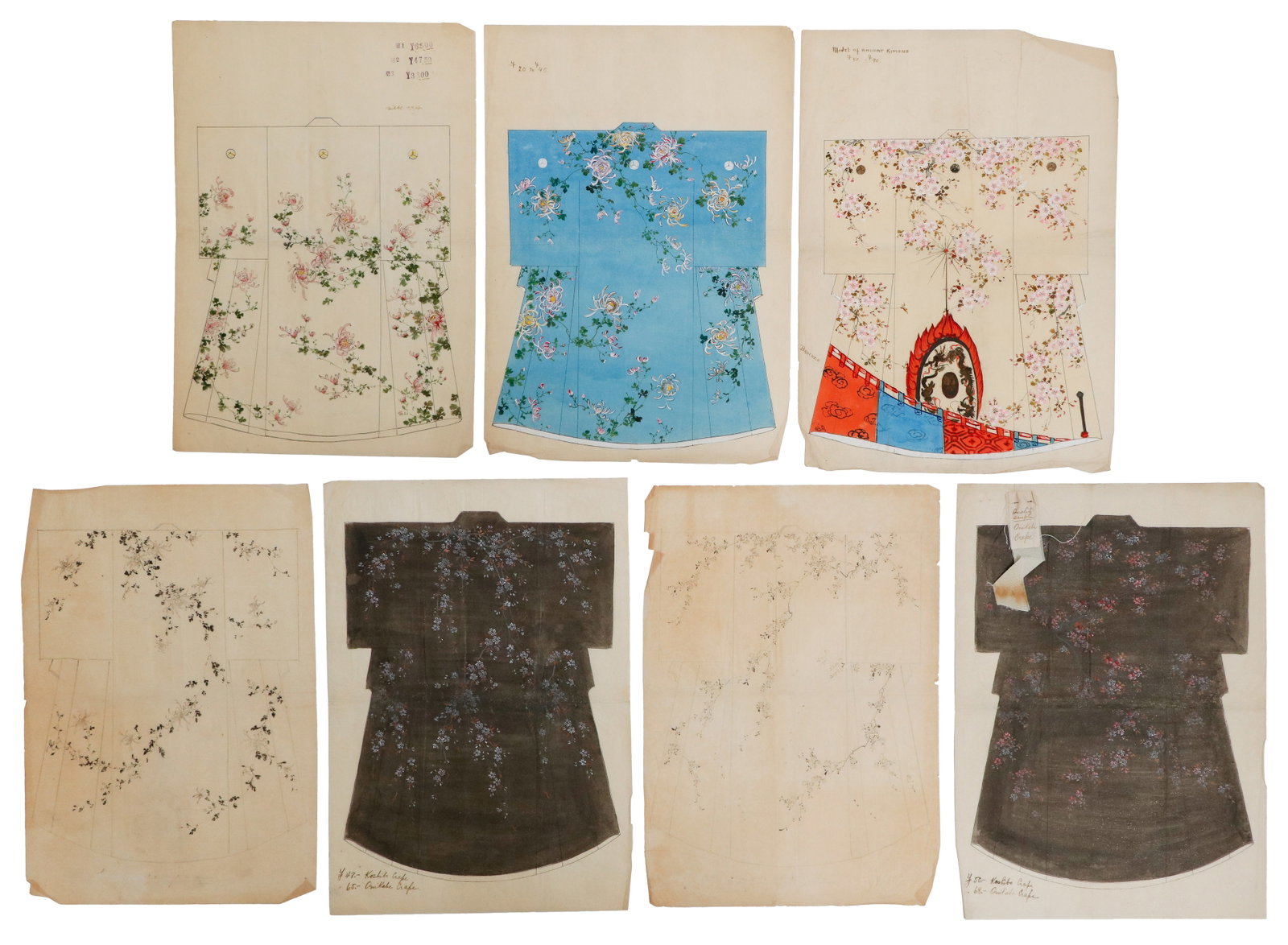Collection of 7 Antique Kimono Drawings (1 of 7)