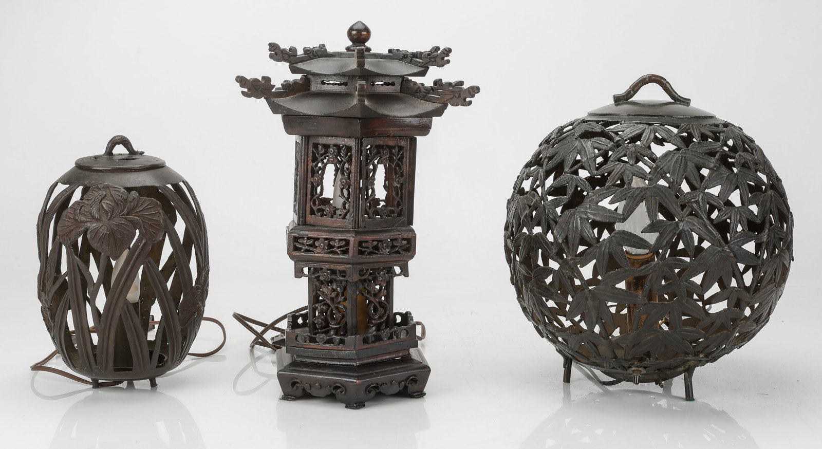 2 Antique Openwork Bronze Table Lamps and 1 Wooden Pagoda Lamp (1 of 6)