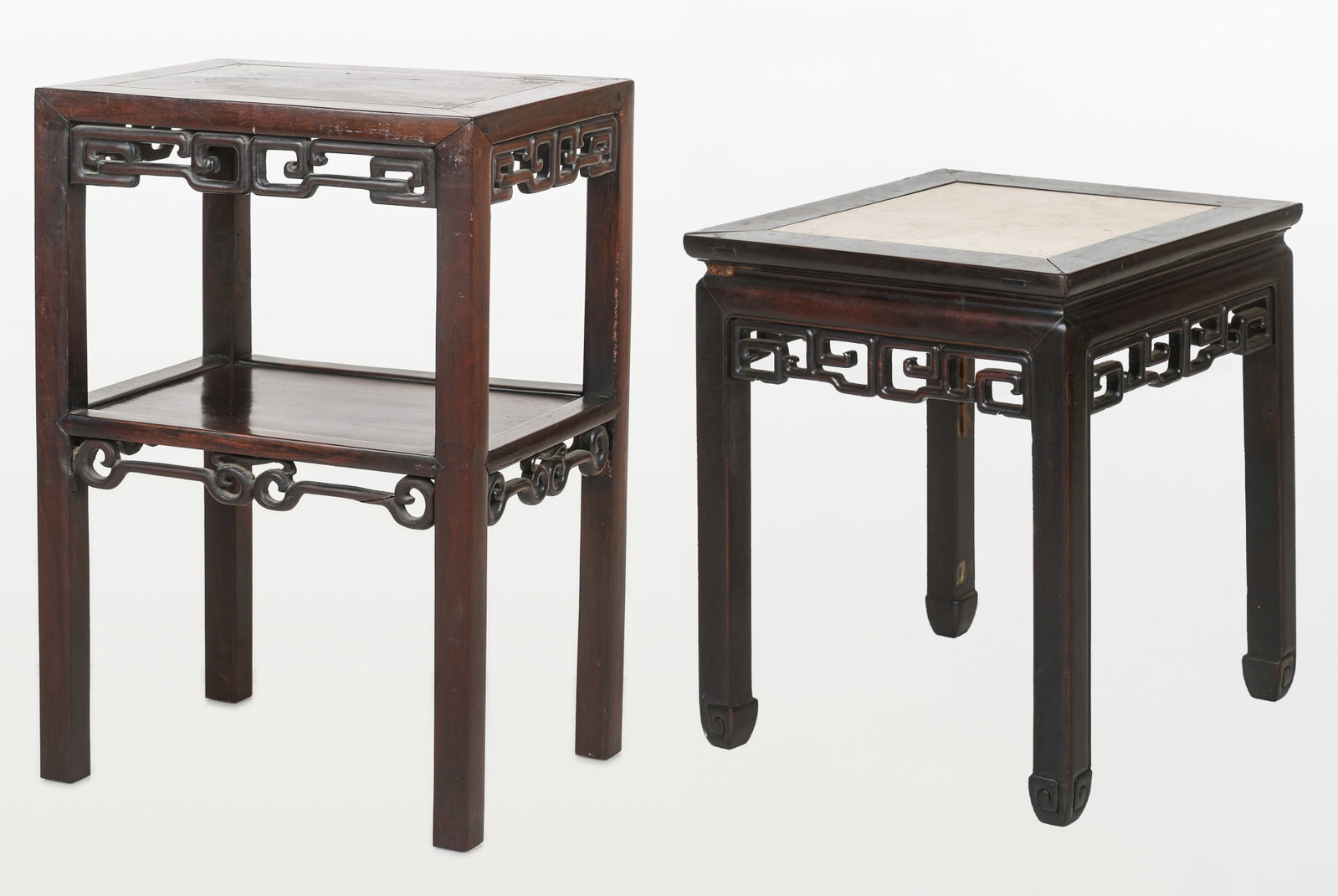 2 Chinese Hardwood Side Tables, Republic Period Or Earlier: 2 Chinese Hardwood Side Tables, Republic Period or Earlier. Size: 1) 25'' x 17'' x 12.5'' (64 x 43 x 32 cm). 2) Size: 20.5'' x 18.5'' x 18.5'' (52 x 47 x 47 cm).Provenance: Private Philadelphia Estate