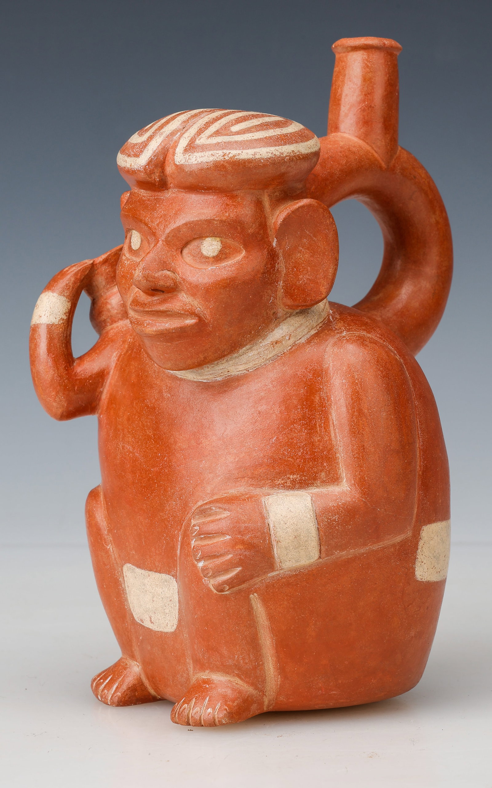 Pre-Columbian Moche Bichrome Stirrup Vessel - Seated Shaman, H: 8.5" (1 of 6)