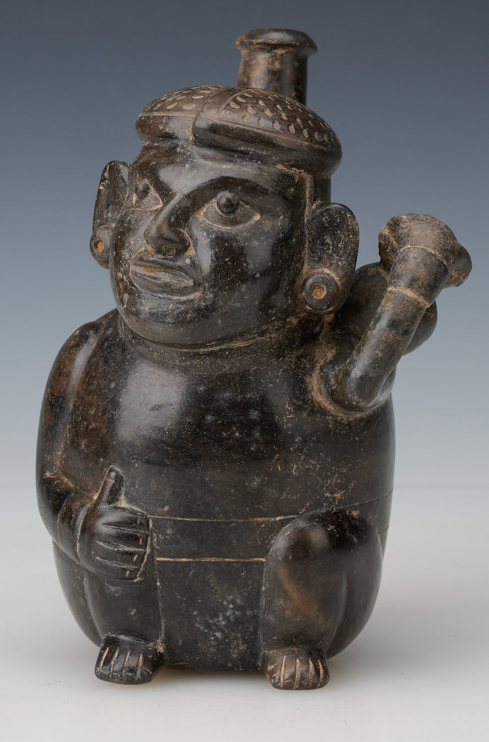 Pre-Columbian Chavin / Moche Blackware Stirrup Vessel, Shaman With Olla, H: 8.5" (1 of 6)