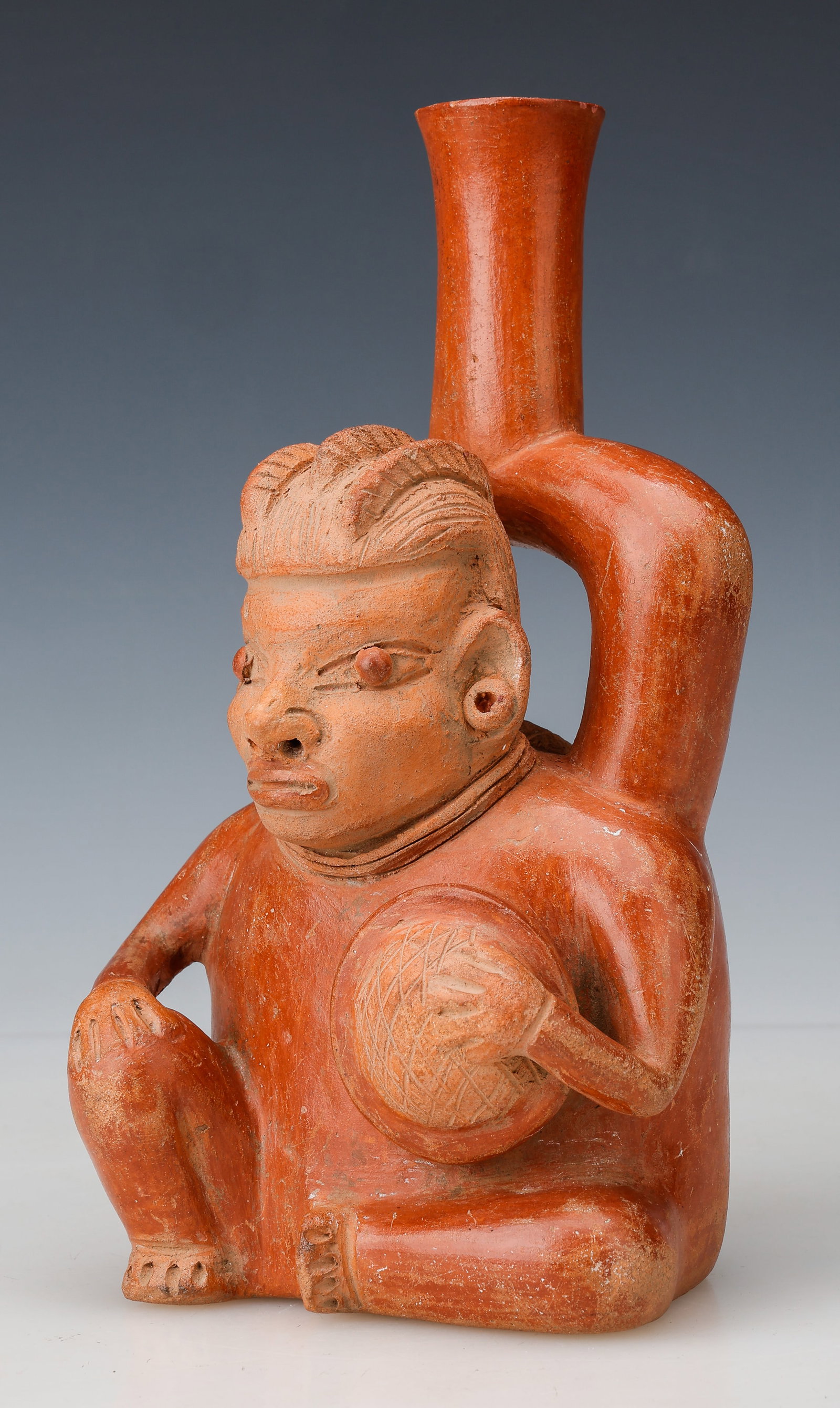Pre-Columbian Chavin Santa Ana Seated Drummer Stirrup-Spout Bottle (1 of 6)