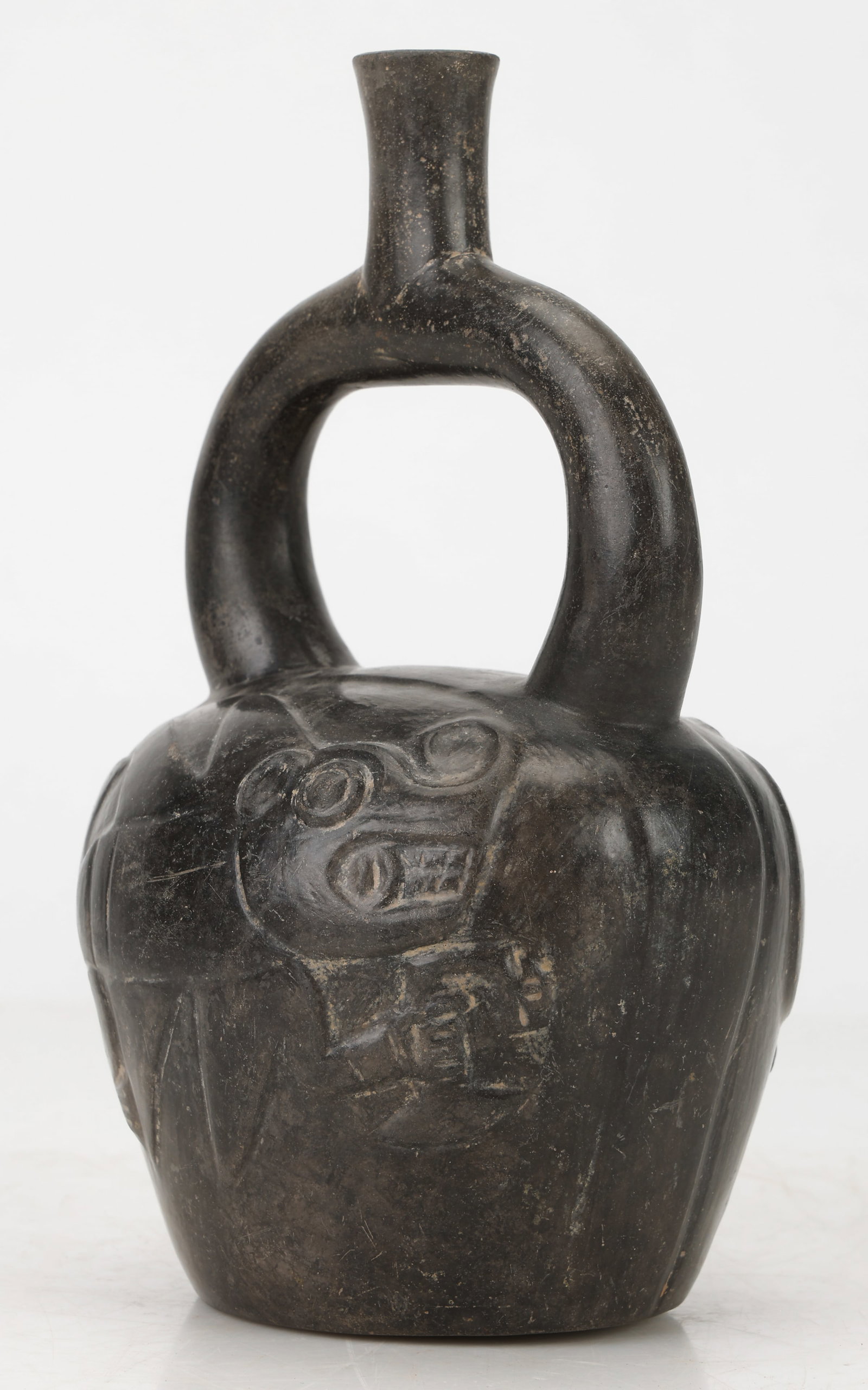 Pre-Columbian Chimu Blackware Stirrup-Spout Ceramic Vessel, H: 10" (1 of 6)