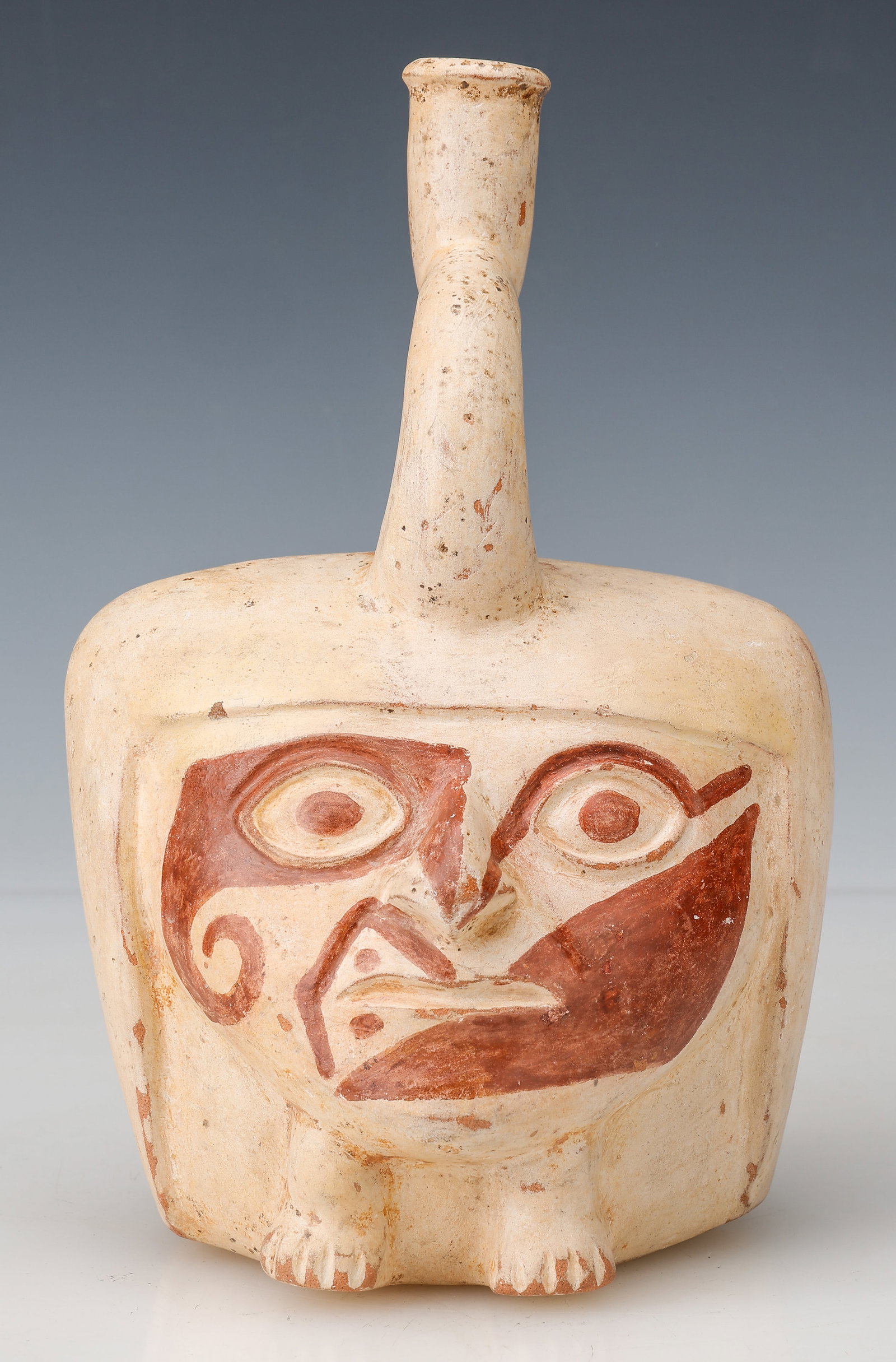 Pre-Columbian Moche Polychrome Portrait Stirrup Vessel Of Dwarf With Tattoos, H: 9.5" (1 of 6)