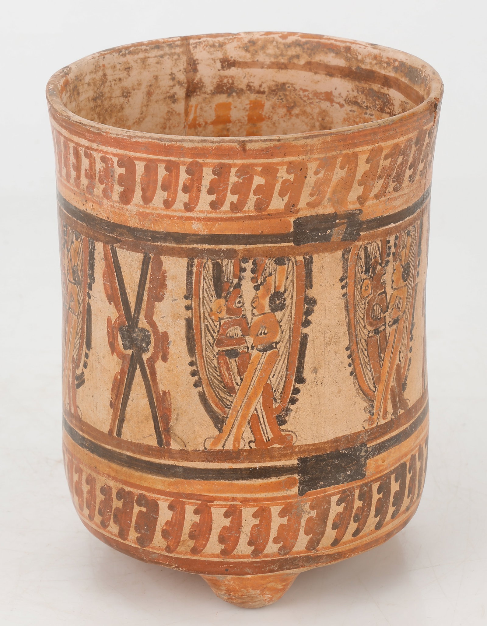 Pre-Columbian Mayan Polychrome Footed Cylindrical Beaker, H: 8" (1 of 4)