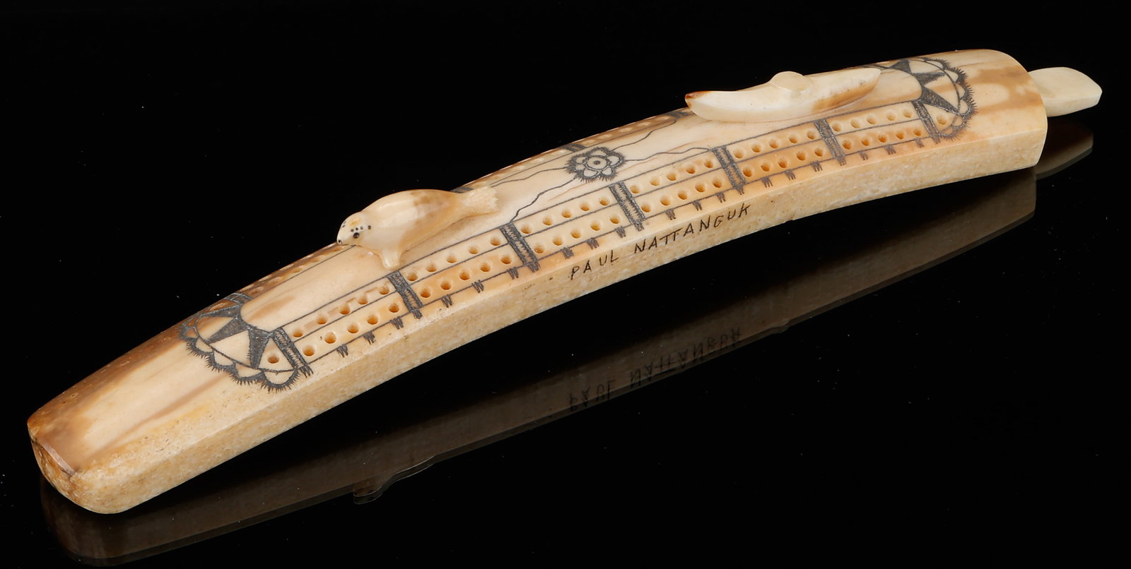 Paul Nattanguk (Inupiaq, b.1914) Alaskan Carved Cribbage Board, Signed, L: 9.5" (1 of 7)