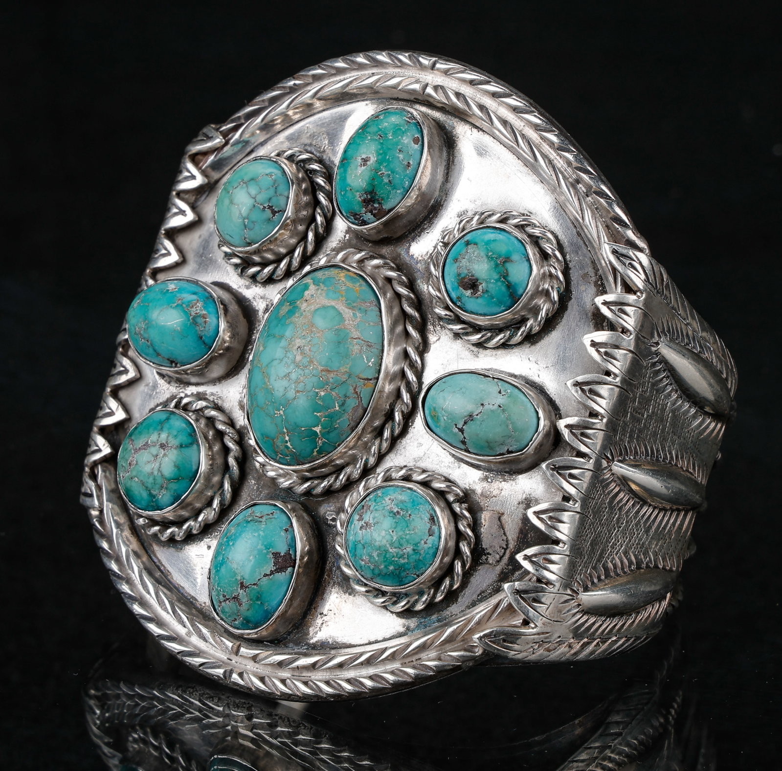 Navajo Silver And Turquoise Cuff Bracelet, Weight: 152g (1 of 5)