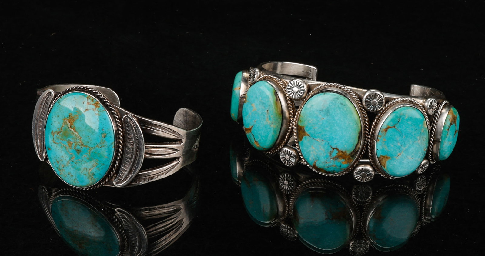 2 Navajo Silver And Turquoise Cuff Bracelets, Weight: 128g (1 of 6)