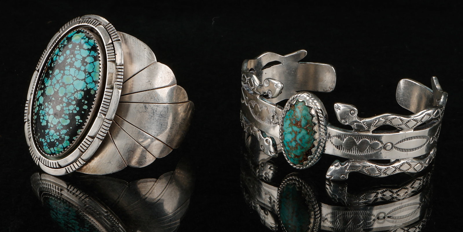 2 Navajo Silver And Turquoise Cuff Bracelets, Weight: 139g (1 of 6)