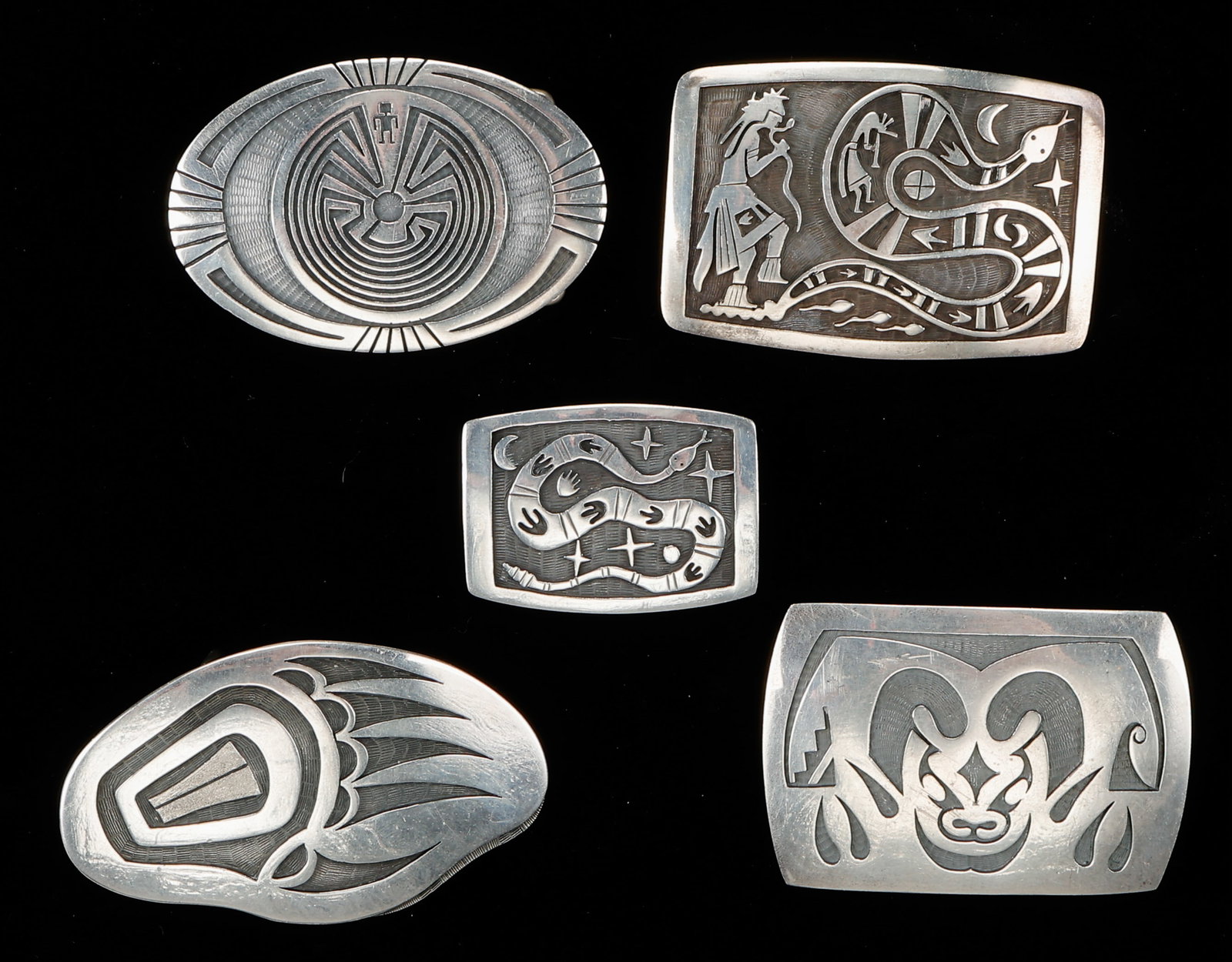 5 Hopi Silver Belt Buckles, Weight: 214g (1 of 4)