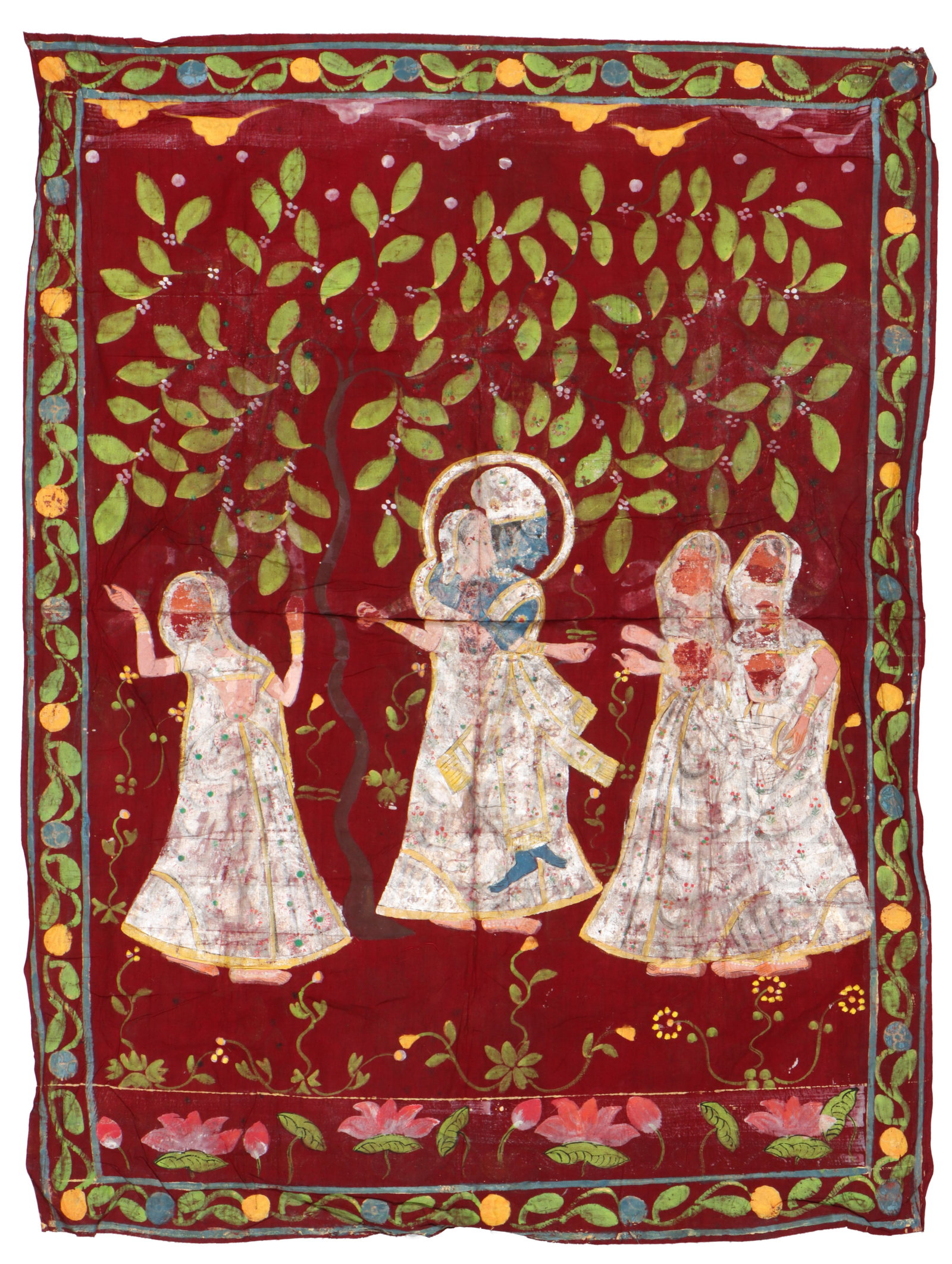 Large Indian Folk Krishna Raslila Painting, Rajasthan/Gujarat, 19th/20th C., 4'5" x 3'4" (1 of 3)