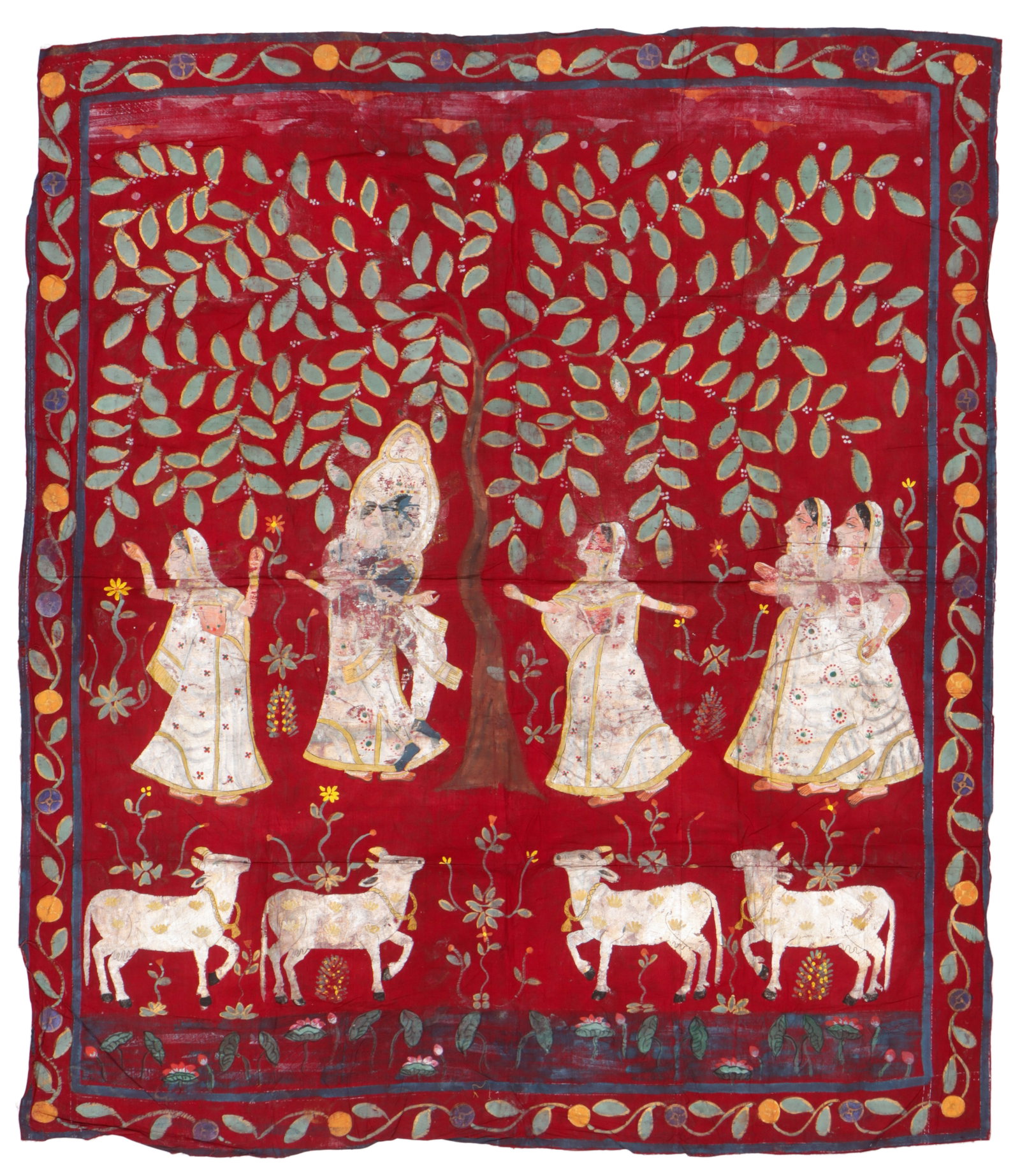 Large Antique Indian Pichhvai Painting Of Krishna With Gopis And Cows, Rajasthan, 5'10'' x 5'0'': Large Antique Indian Pichhvai Painting Of Krishna With Gopis And Cows, Rajasthan. Size: 5'10'' x 5'0'' (178 x 152 cm). Executed in opaque watercolor and pigments on cloth, depicting Krishna (Gopala) b