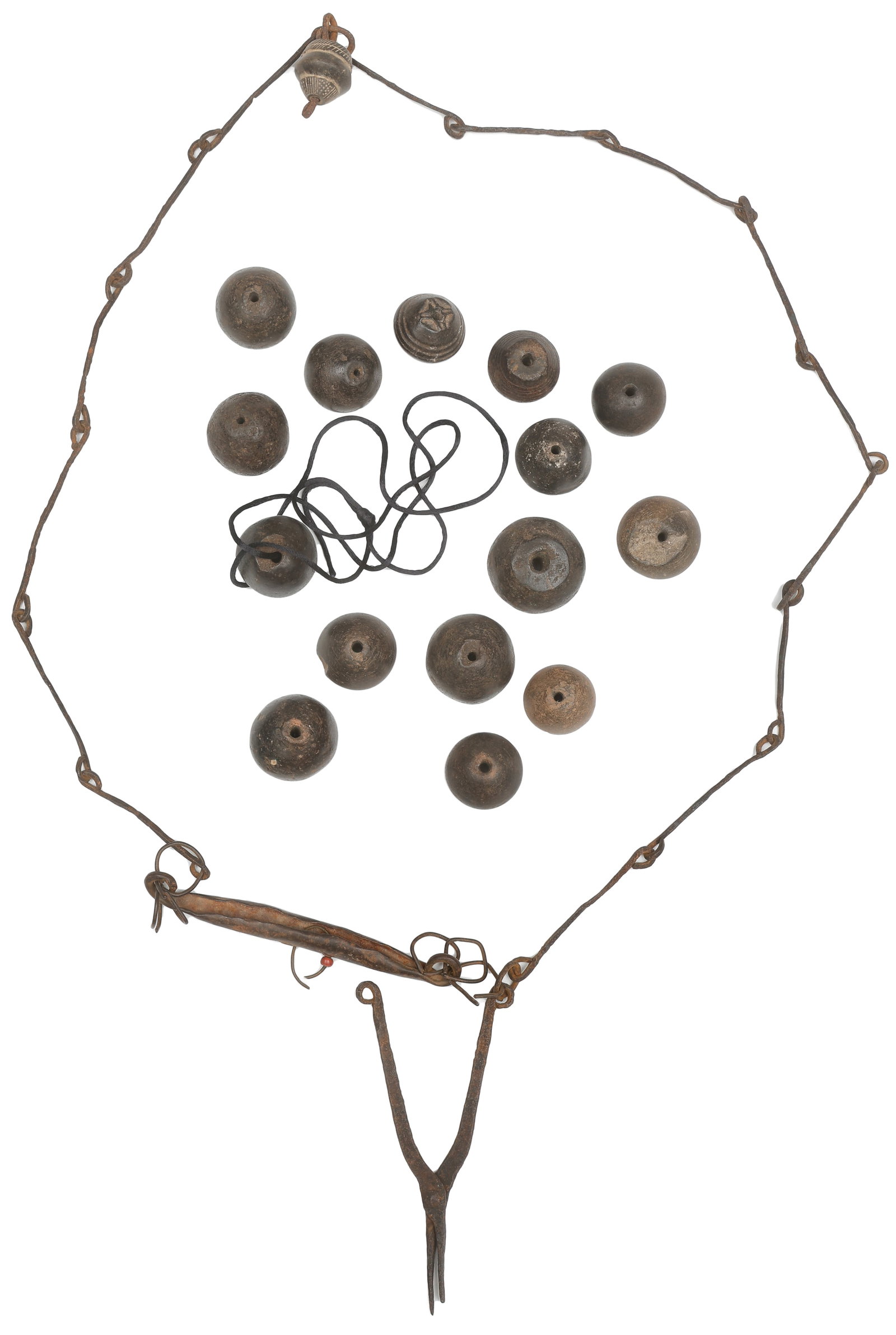 Iron Necklace/Chatelaine with 15 Stoneware Beads, Possibly Malian: Iron Necklace/Chatelaine with 15 Stoneware Beads, Possibly Malian. The chatelaine stylistically resembles Dogon examples from Mali, and ceramic spindle whorl beads of this type, typically used in the 