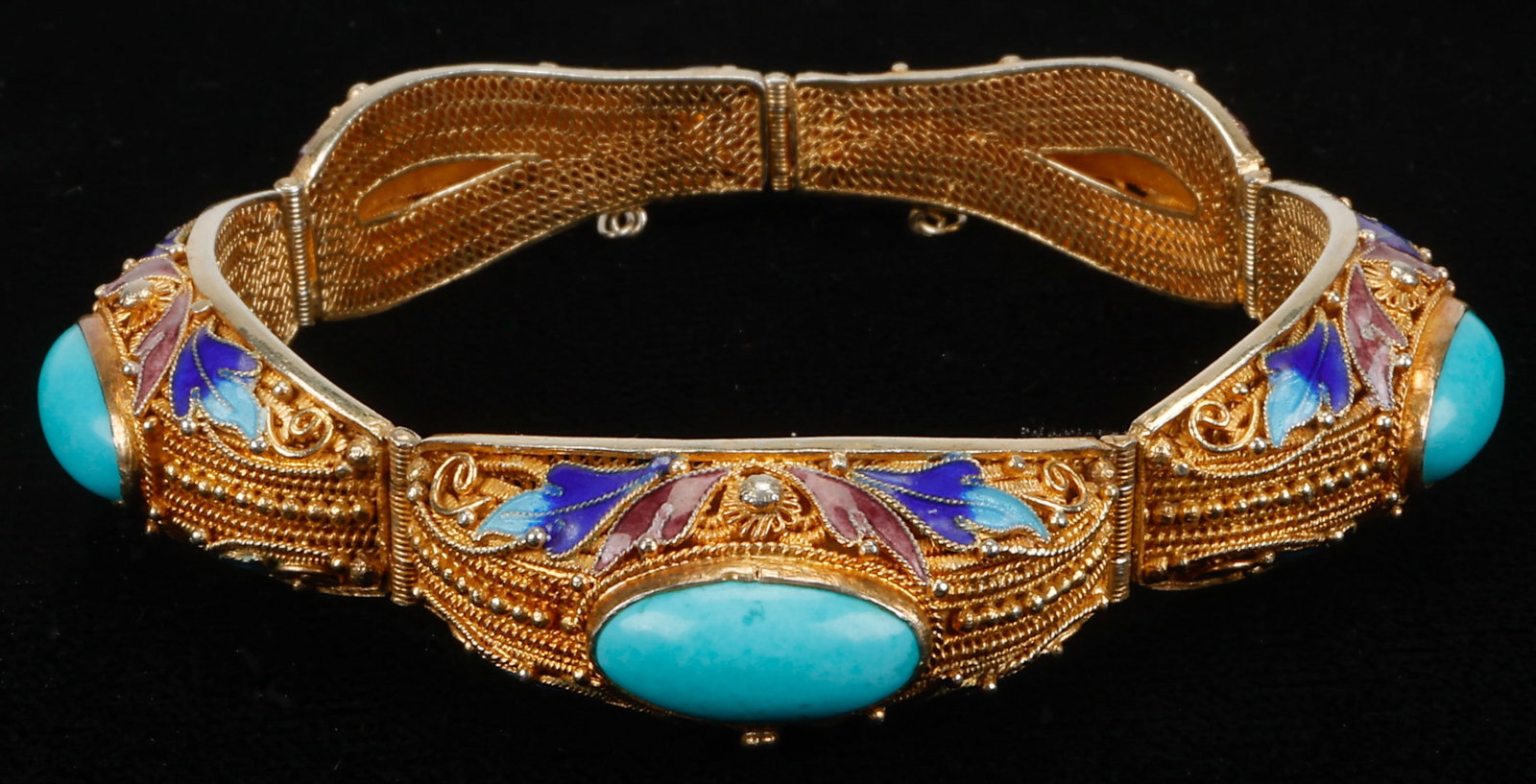 Chinese Export Vermeil Silver and Enameled Bracelet with Turquoise; W: 32g (1 of 4)