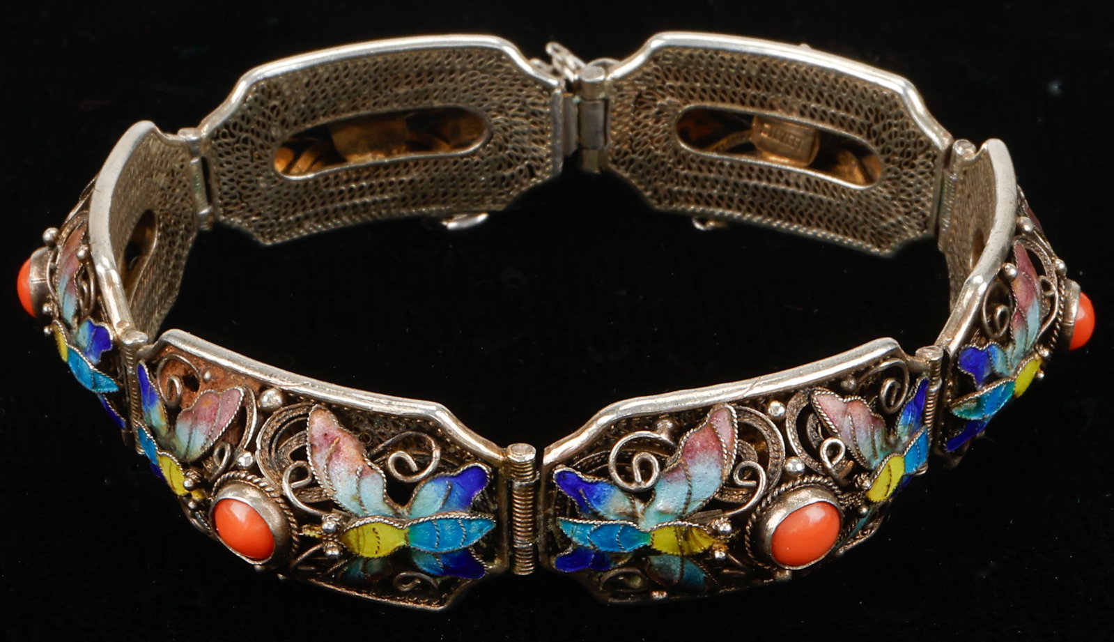 Chinese Export Gilt Silver Enameled Bracelet with Coral; W: 31g (1 of 3)