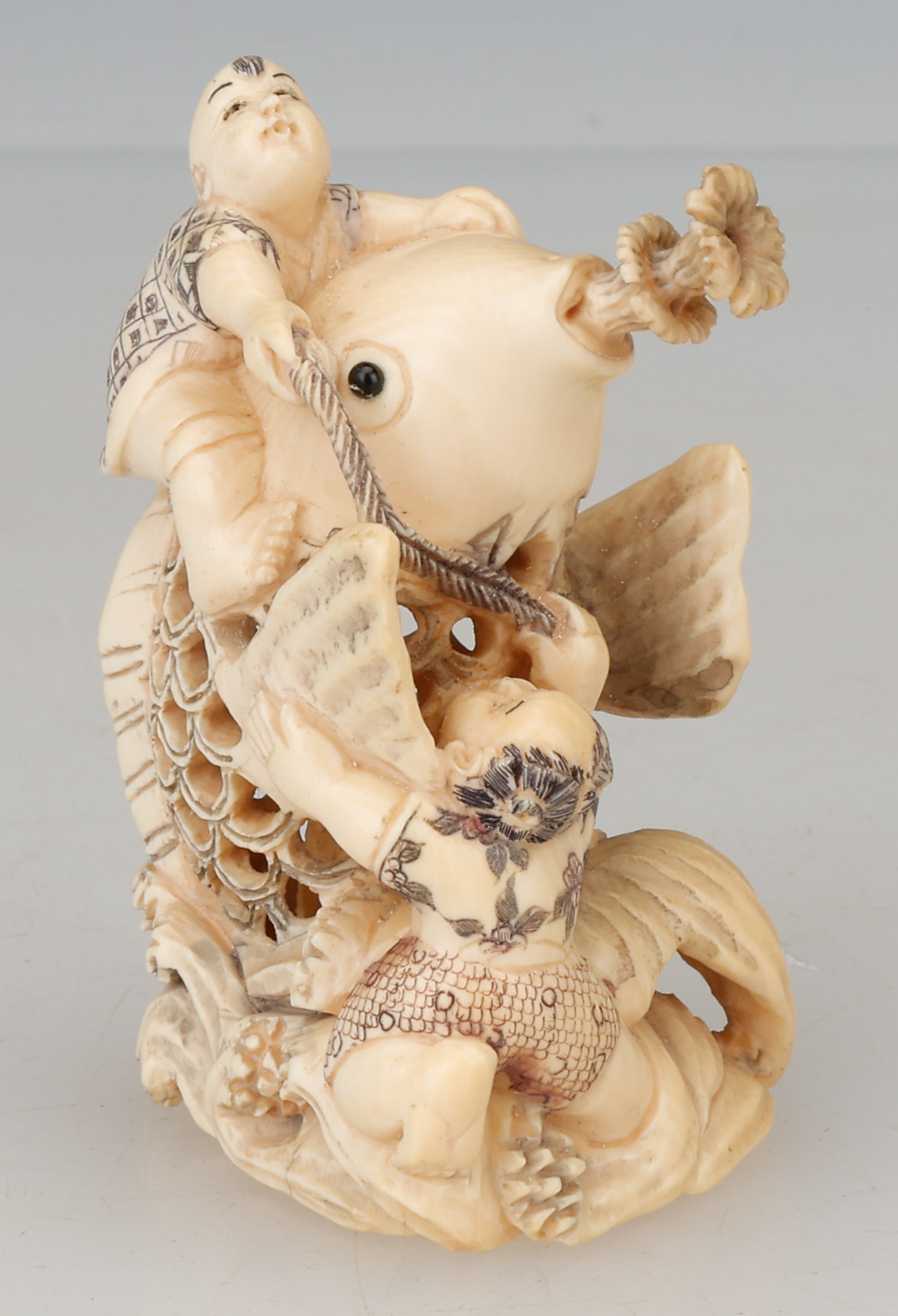 Signed Antique Netsuke, Japan, A Boy Riding a Giant Carp (Koi) (1 of 6)