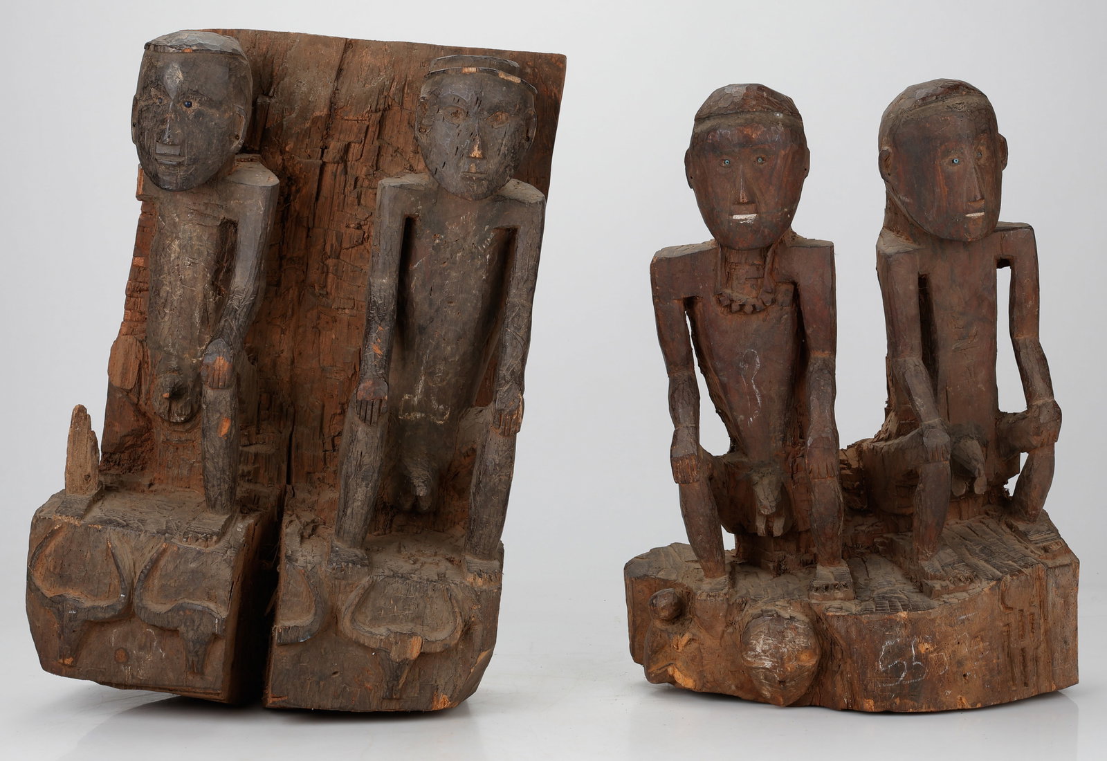 2 Antique Sets of Konyak Twin Figures, Nagaland/NE India, H: 23.5", 25.5" (1 of 7)