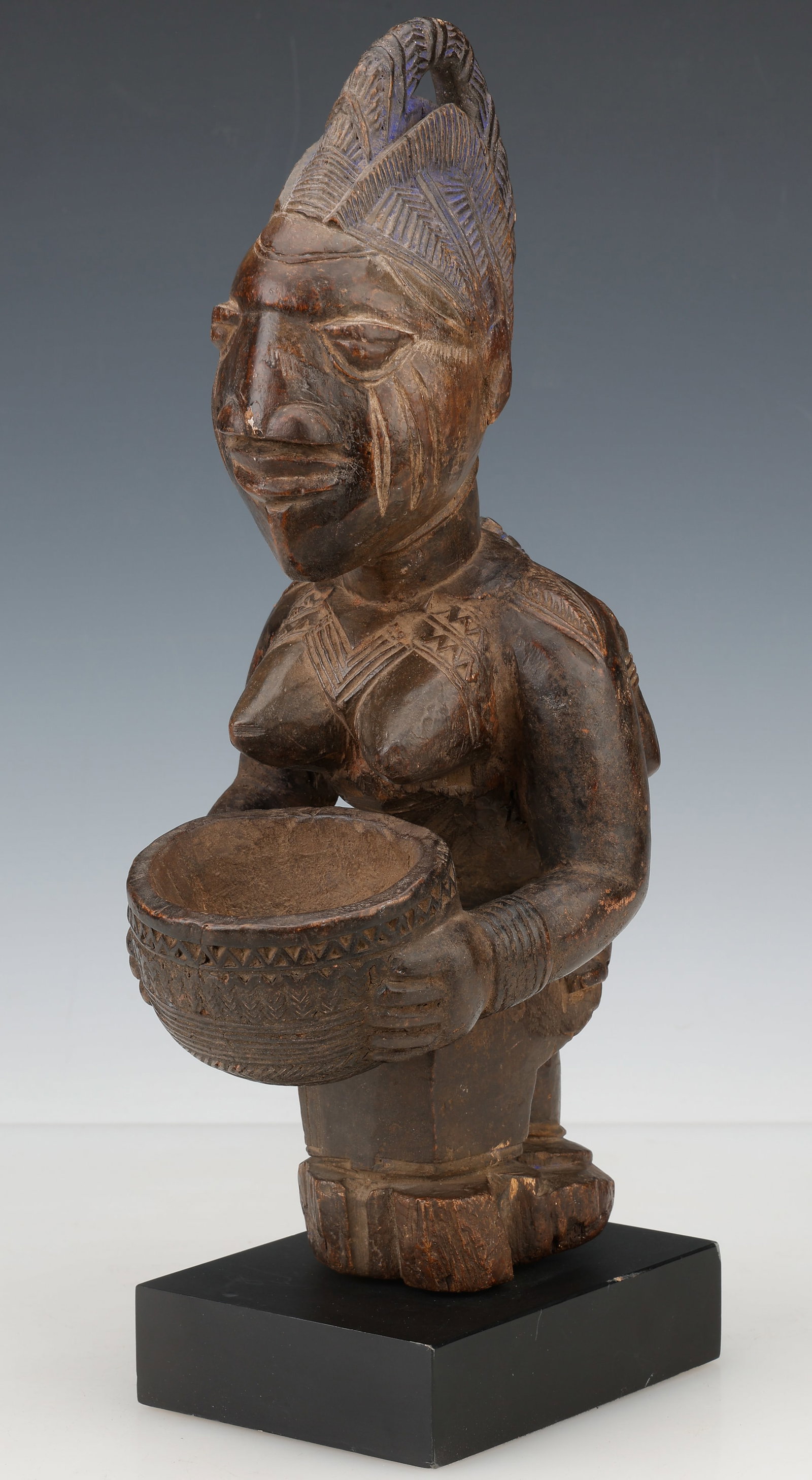 Yoruba Maternity Figure Olumeye Offering Bowl, Nigeria, Ex. Michael Oliver, H: 13.75" (1 of 4)