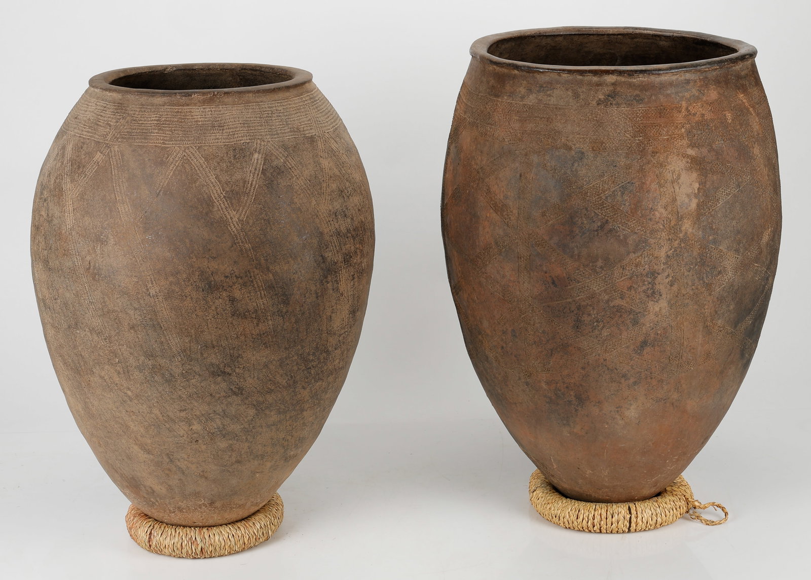 2 Massive African Incised Earthenware Storage Vessels, H: 32", 33.5" (1 of 4)