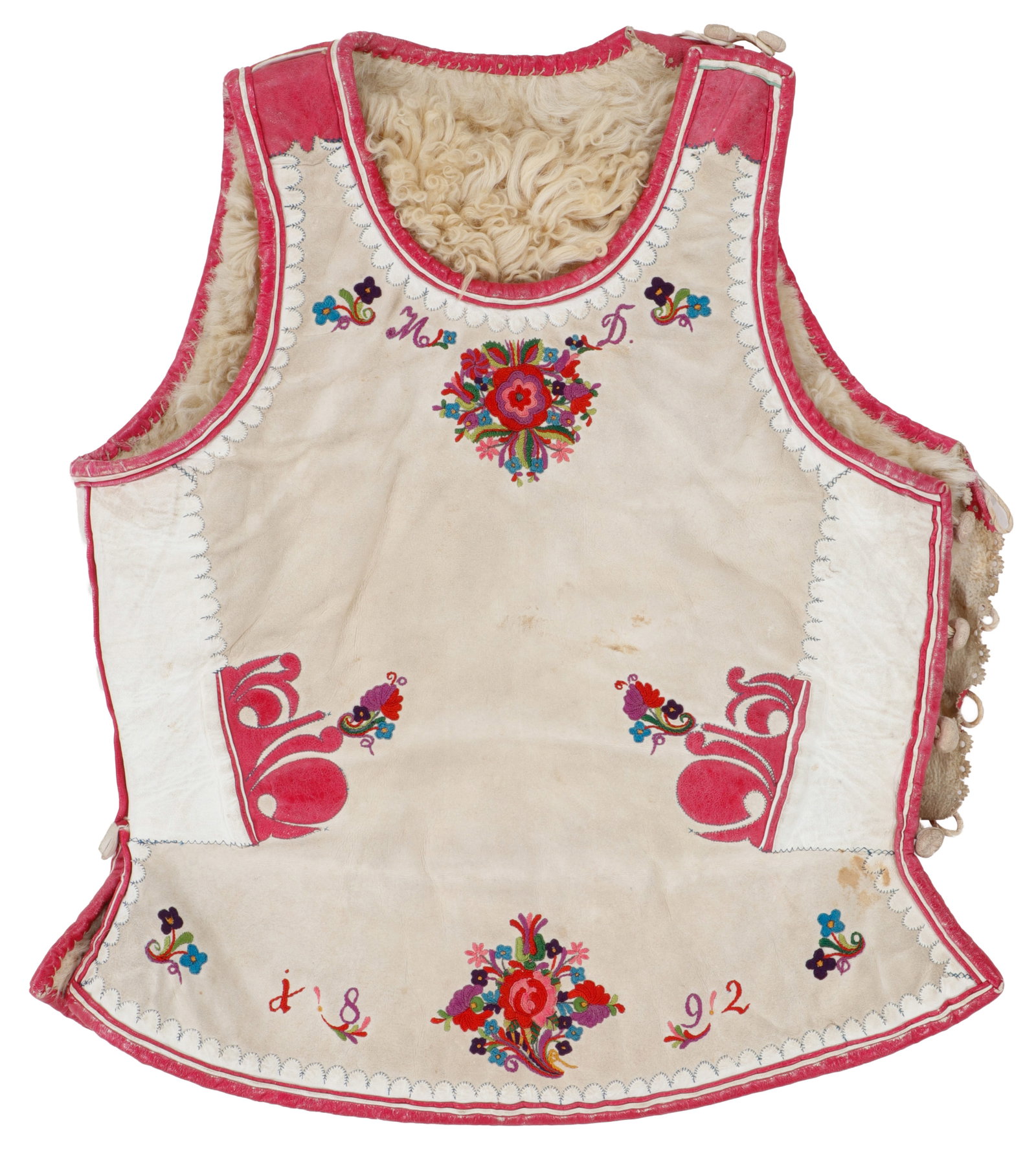 Embroidered Sheepskin Vest, Hungary, Dated 1892: Embroidered Sheepskin Vest, Hungary, Dated 1892. Size: 1'4'' x 1'0'' (41 x 30 cm). White leather with red leather applique and binding, cotton embroidery. Front displays red leather applique and embro