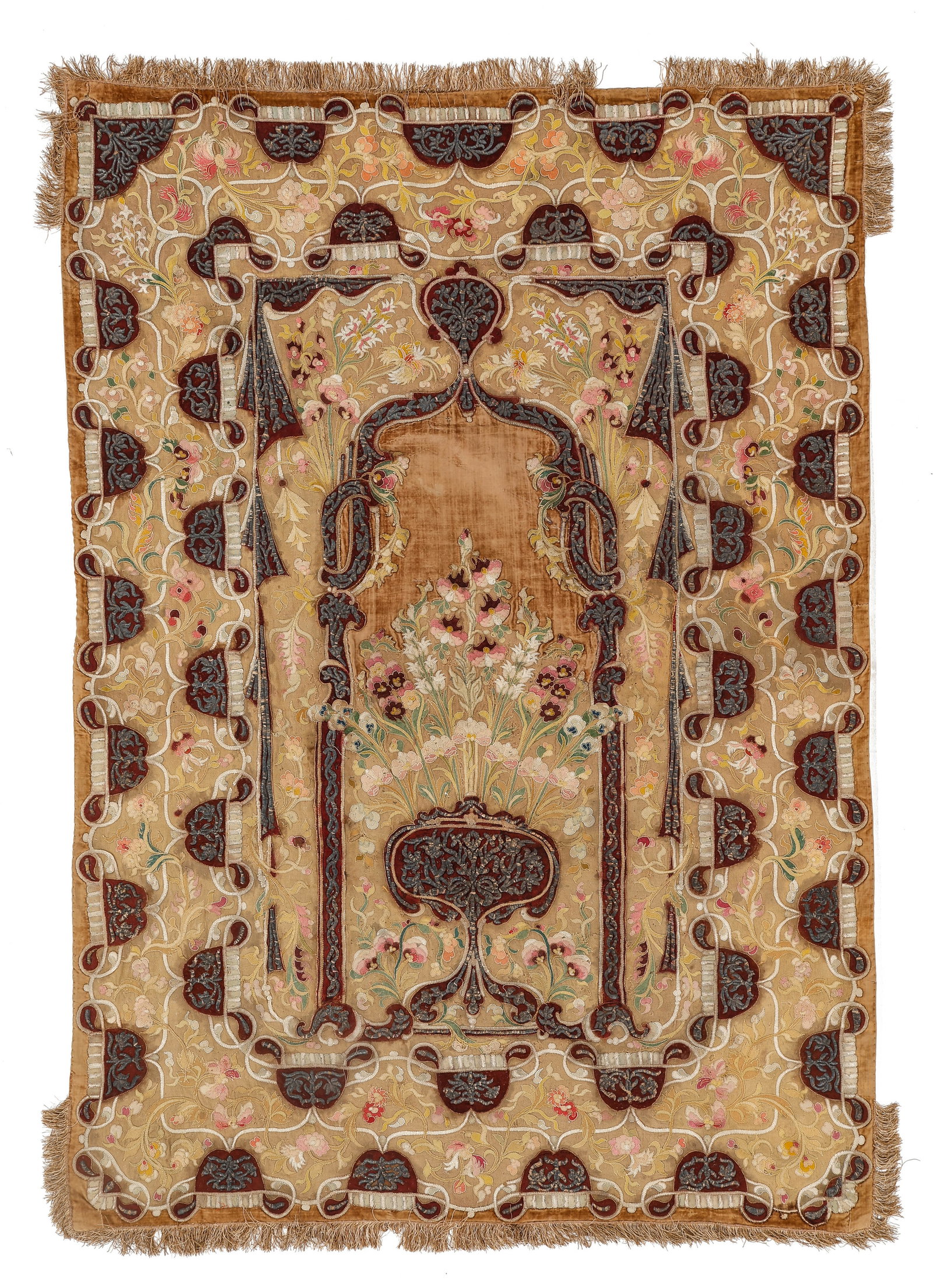 Bosnian Ottoman Metal Thread Embroidered Prayer Arch Textile, 19th C., Banja Luka (1 of 3)