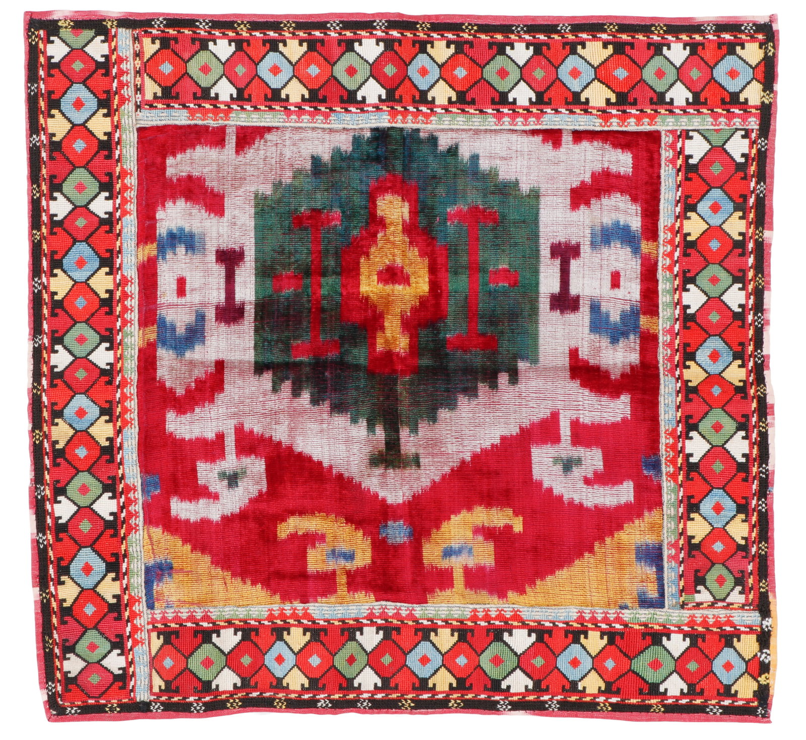 Antique Bokhara Silk Velvet Ikat Textile, Central Asia: Antique Bokhara Silk Velvet Ikat Textile, Central Asia. Size: 1'6'' x 1'5'' (46 x 43 cm). With woven border.